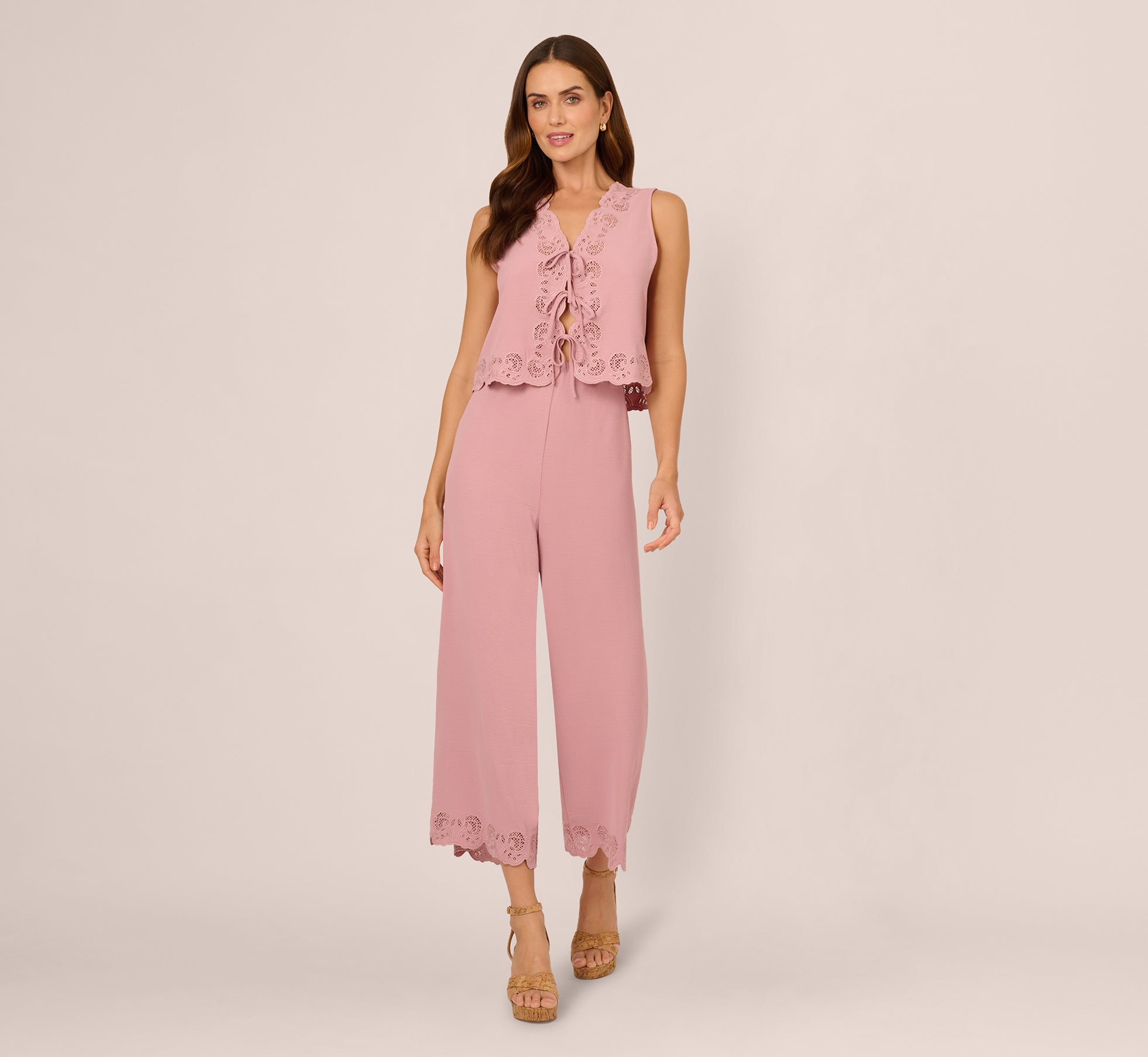 Elegant Lace Hem Tie Front Shirt & Pull-On Pant Set in Deauville Mauve | Women's Casual Outfit for Work, Date Night & Spring Occasions