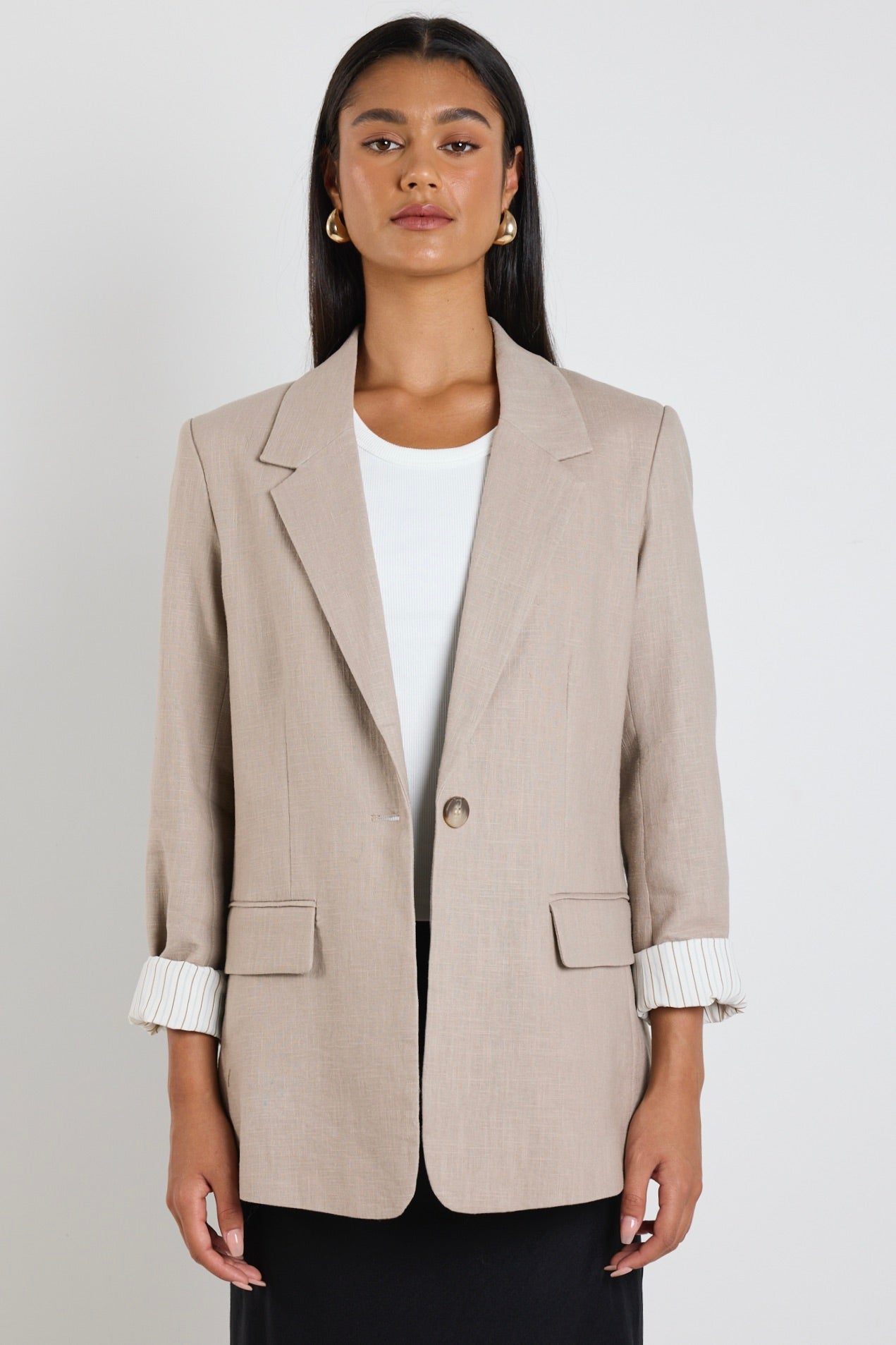 Taupe Ramie Rolled Sleeve Blazer Jacket for Women - Lightweight Summer Office Wear & Casual Outfits