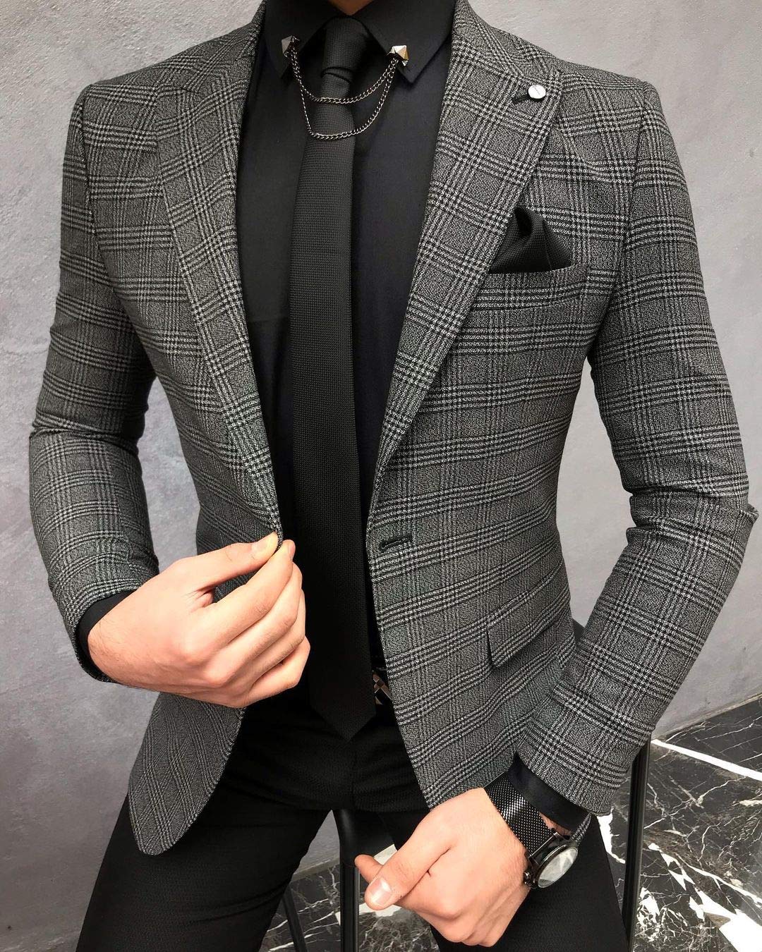 Jiaoyunshi Men's Casual Plaid Notched Lapel 2-Piece Suit Set (Blazer + Pants) for Wedding, Business, and Formal Events - Stylish Office Wear & Special Occasion Outfit