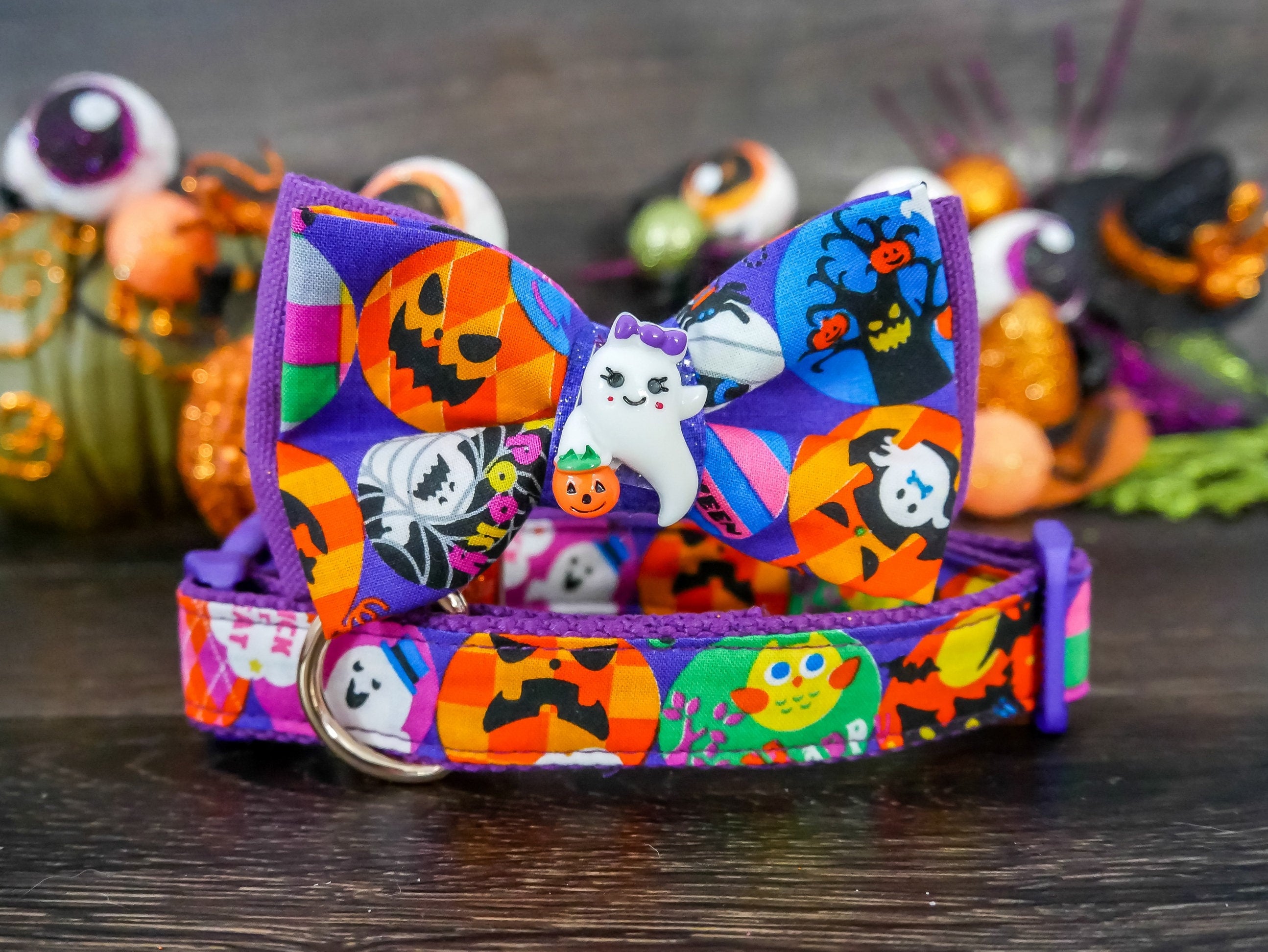 Halloween Dog Collar Bow Tie - Purple & Orange Pumpkin Ghost Design for Puppies | Jack O'Lantern Pet Accessory for Boys & Girls - Perfect for Halloween Parties & Costume Photos