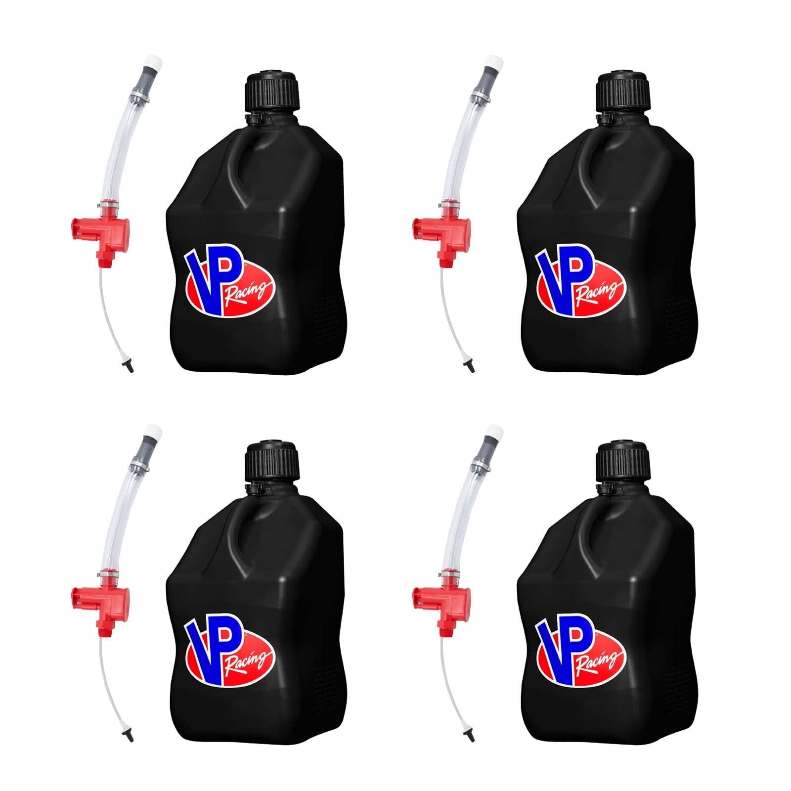 VP Racing Fuels 5 Gallon Square Motorsport Utility Jug Containers (4 Pack) - Black with Valved Trigger Hoses & TrendsAuto Decal Sticker | Perfect for Racing, Automotive Fuel Storage & Track Day Essentials | Model 3582 33320
