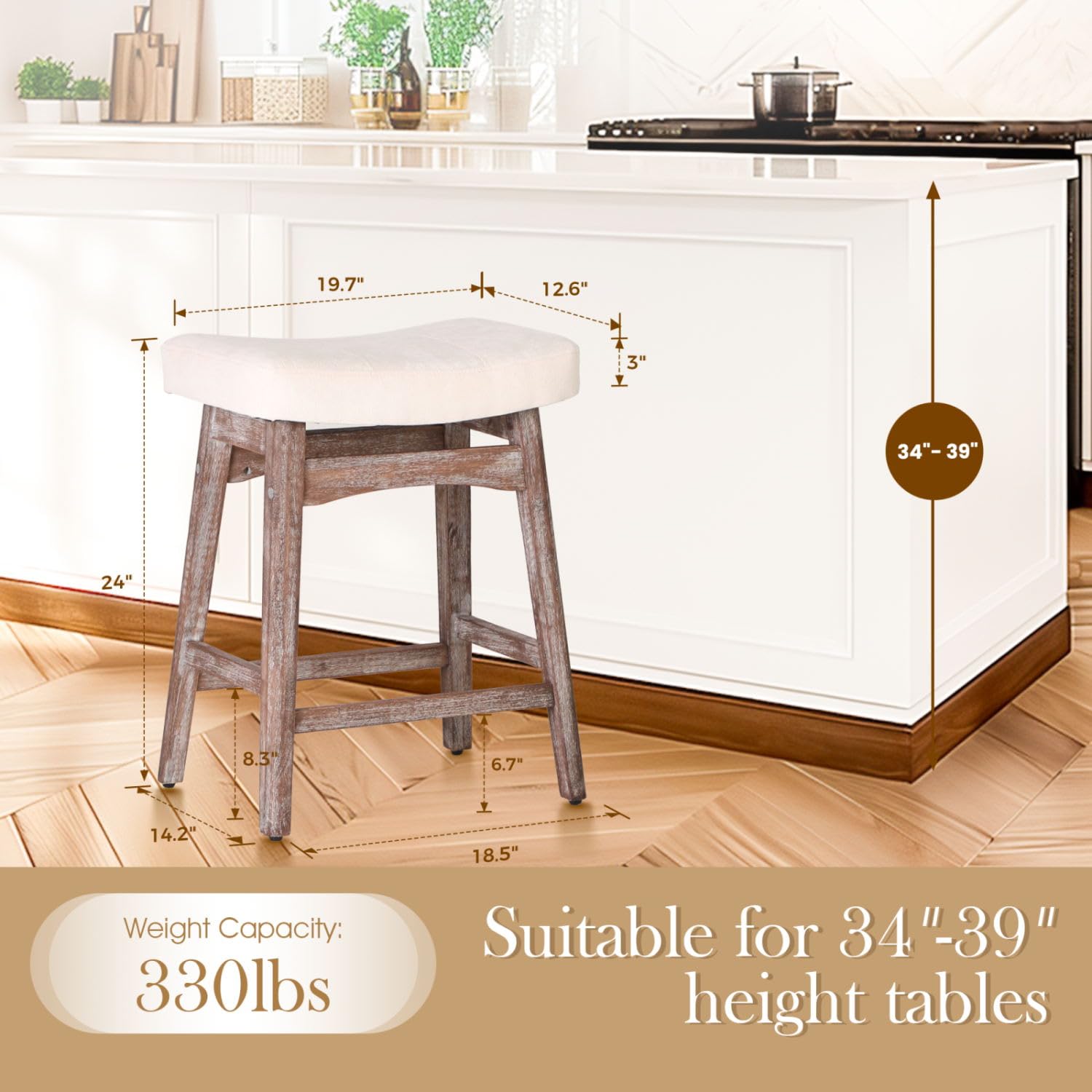 Sophia & William Modern White Bar Stools Set of 2 - 24 Inch Counter Height Bar Chairs with Linen Fabric Seat & Solid Wood Legs - Perfect for Kitchen Islands, Breakfast Bars, and Home Bars