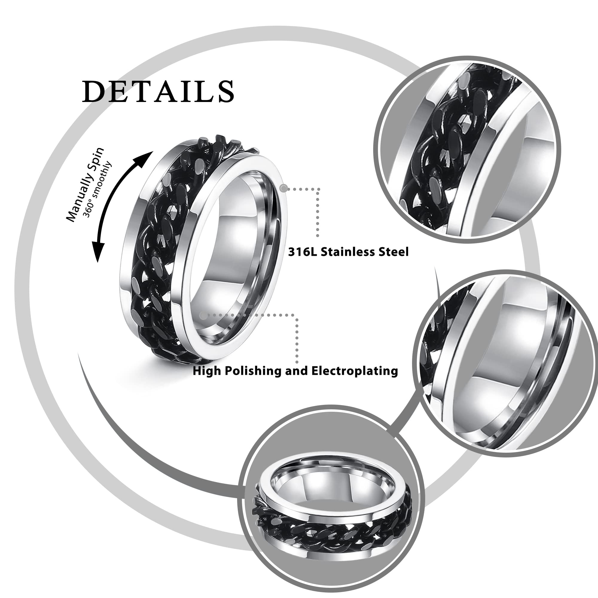 LOLIAS 8Pcs Silver Black Fidget Rings for Anxiety Relief - Spinning Stress Relief Rings for Adults - Trendy Band Rings for Men & Women - Perfect for Office, School, Travel & Everyday Wear