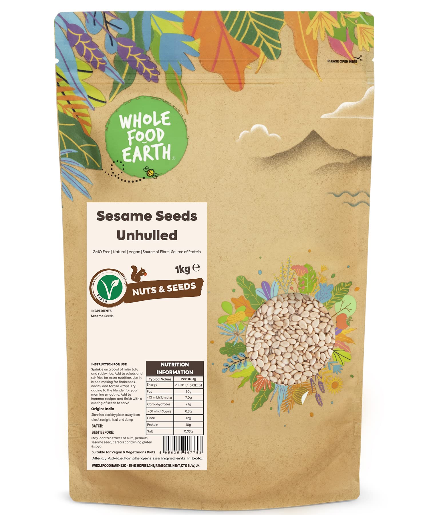 Organic Unhulled Sesame Seeds 1kg | Non-GMO, High in Fiber & Protein | Perfect for Baking, Cooking & Healthy Snacks