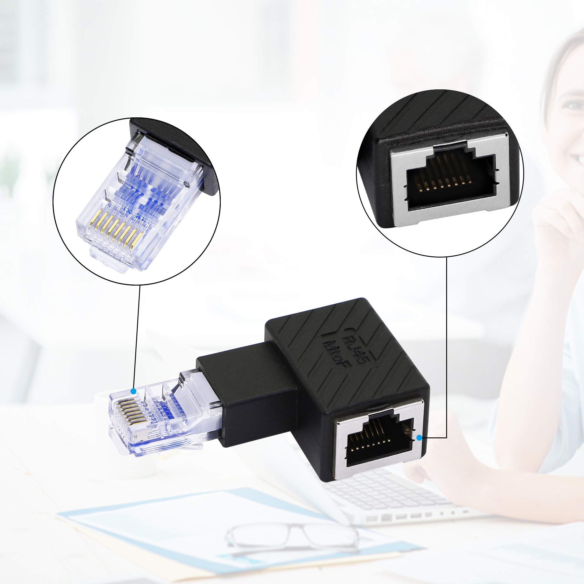 90 Degree Left Angle Ethernet Adapter - RJ45 Male to Female Cat6 LAN Extension Connector for Computers, Laptops, Routers (2-Pack) - Perfect for Tight Spaces & Cable Management