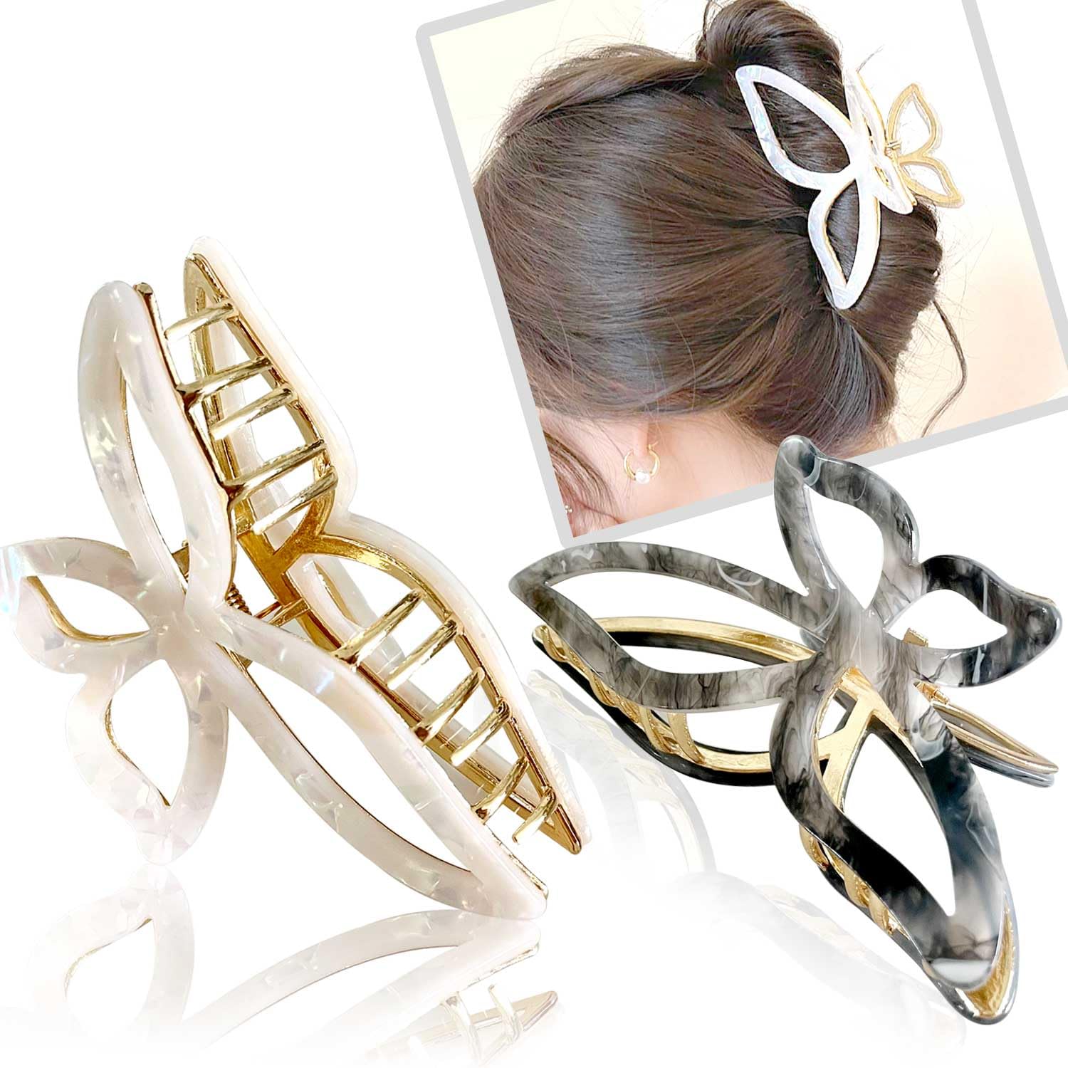 Large Butterfly Hair Claw Clip for Women - Acetate Metal Non-Slip Hair Clips for Thick Hair, Stylish Hair Accessories for Women & Teens (2-Pack) - Perfect for Ponytails, Buns & Everyday Hairstyles