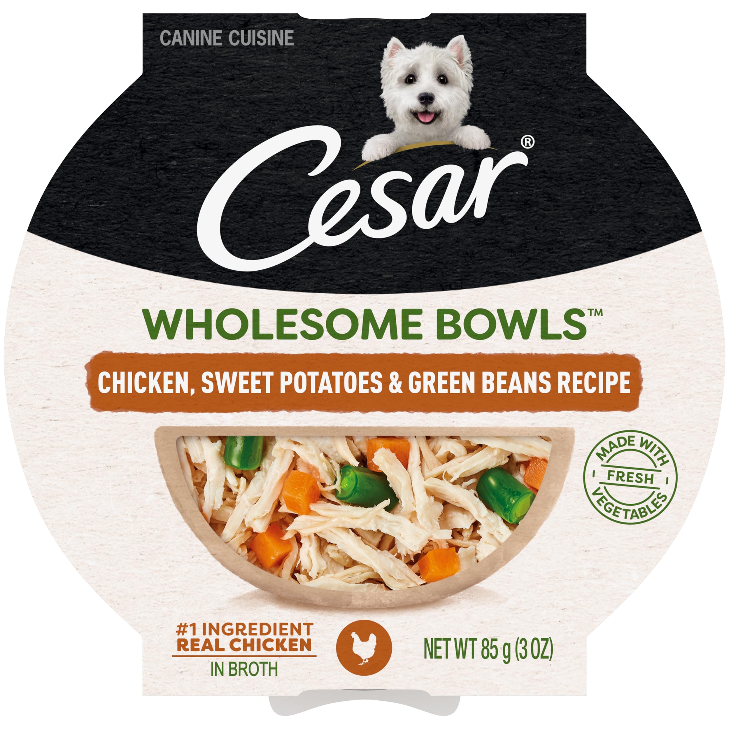 CESAR WHOLESOME BOWLS Adult Soft Wet Dog Food - Chicken, Sweet Potato & Green Beans Recipe, 3 oz (Pack of 10) | Grain-Free, High Protein Meal for Small & Medium Dogs | Perfect for Travel, Training & Senior Dogs