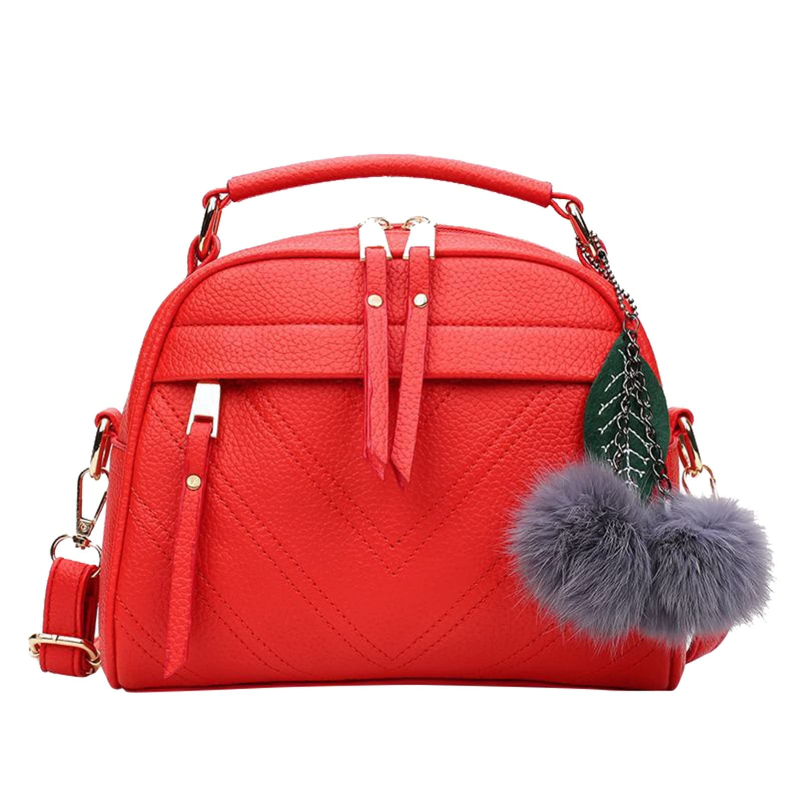 Fashionable Women's Furry Ball Pendant Leather Tote Shoulder Bag - Red | Perfect for Work, Travel, and Everyday Use