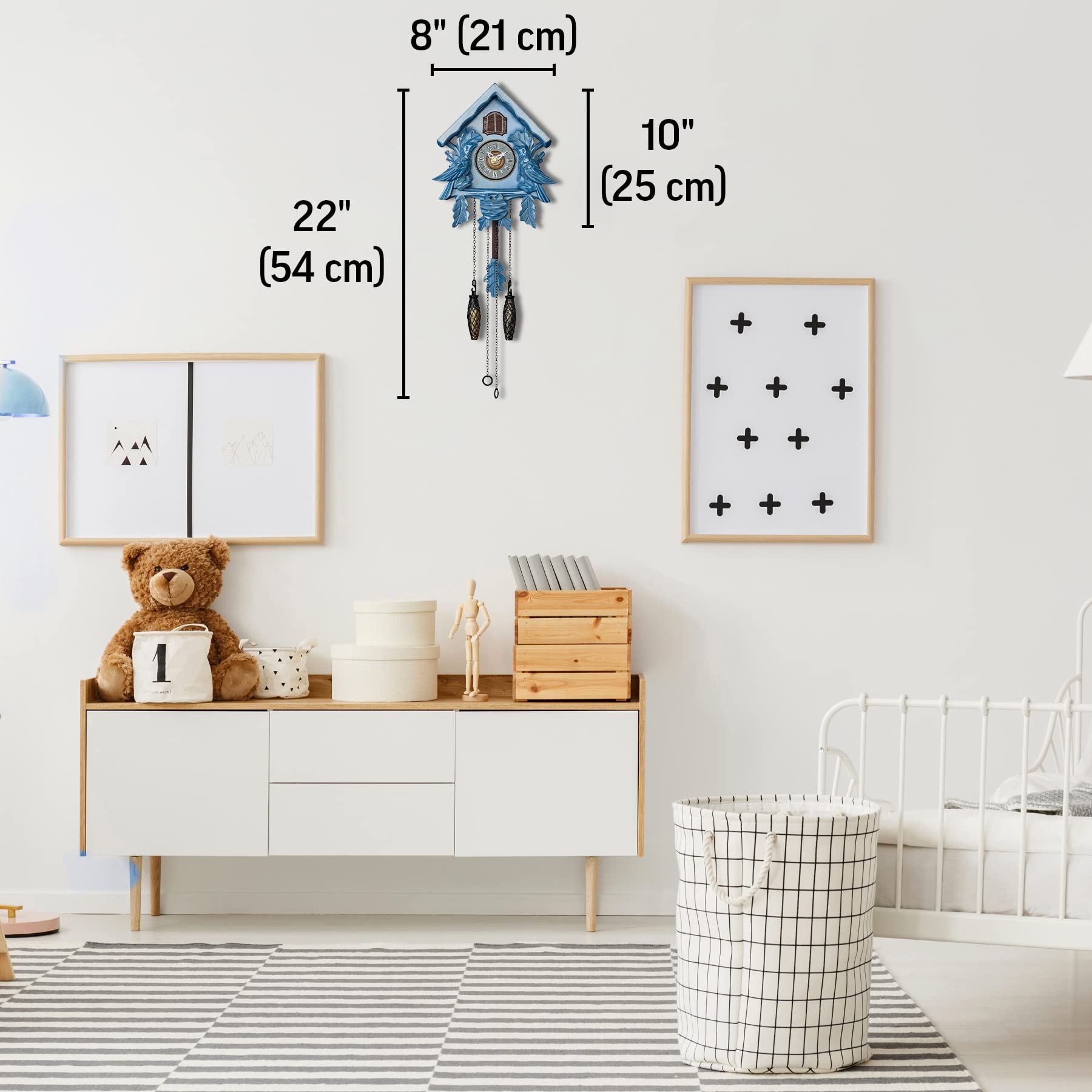 TIMEGEAR Blue Cuckoo Clock with Night Mode - Handcrafted Wooden Wall Clock with Singing Bird & Swinging Pendulum - Perfect for Home, Office & Cabin Decor
