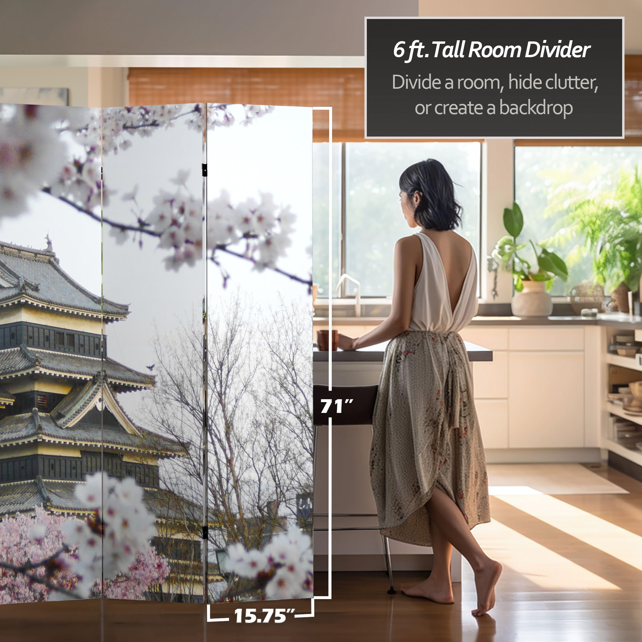 6 ft. Tall Double Sided Cherry Blossom Canvas Room Divider - Red Lantern Asian Inspired Folding Screen for Home Decor, Bedroom Partition & Event Backdrop