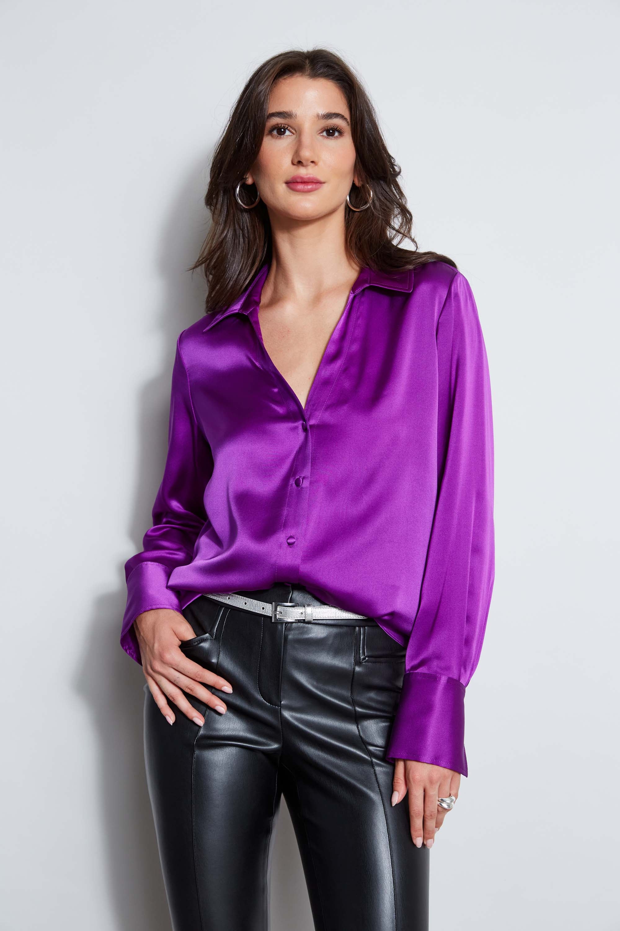 Silk Satin Button Down Shirt for Women - Elegant Blouse with Long Sleeves & Classic Collar - Perfect for Office, Business Meetings & Formal Events