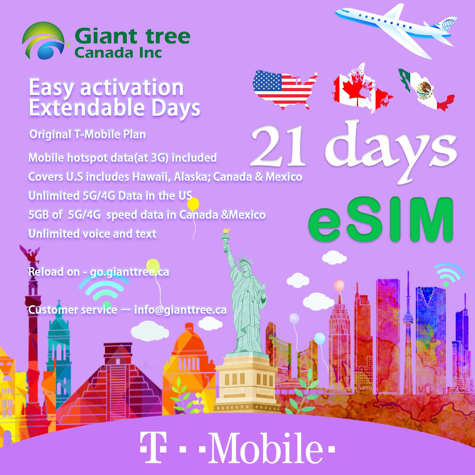 USA Canada Mexico Travel eSIM - Unlimited Data, Calls & Texts with T-Mobile Network | 21-Day Plan for Seamless Travel Connectivity (Perfect for Tourists, Business Trips & Digital Nomads)