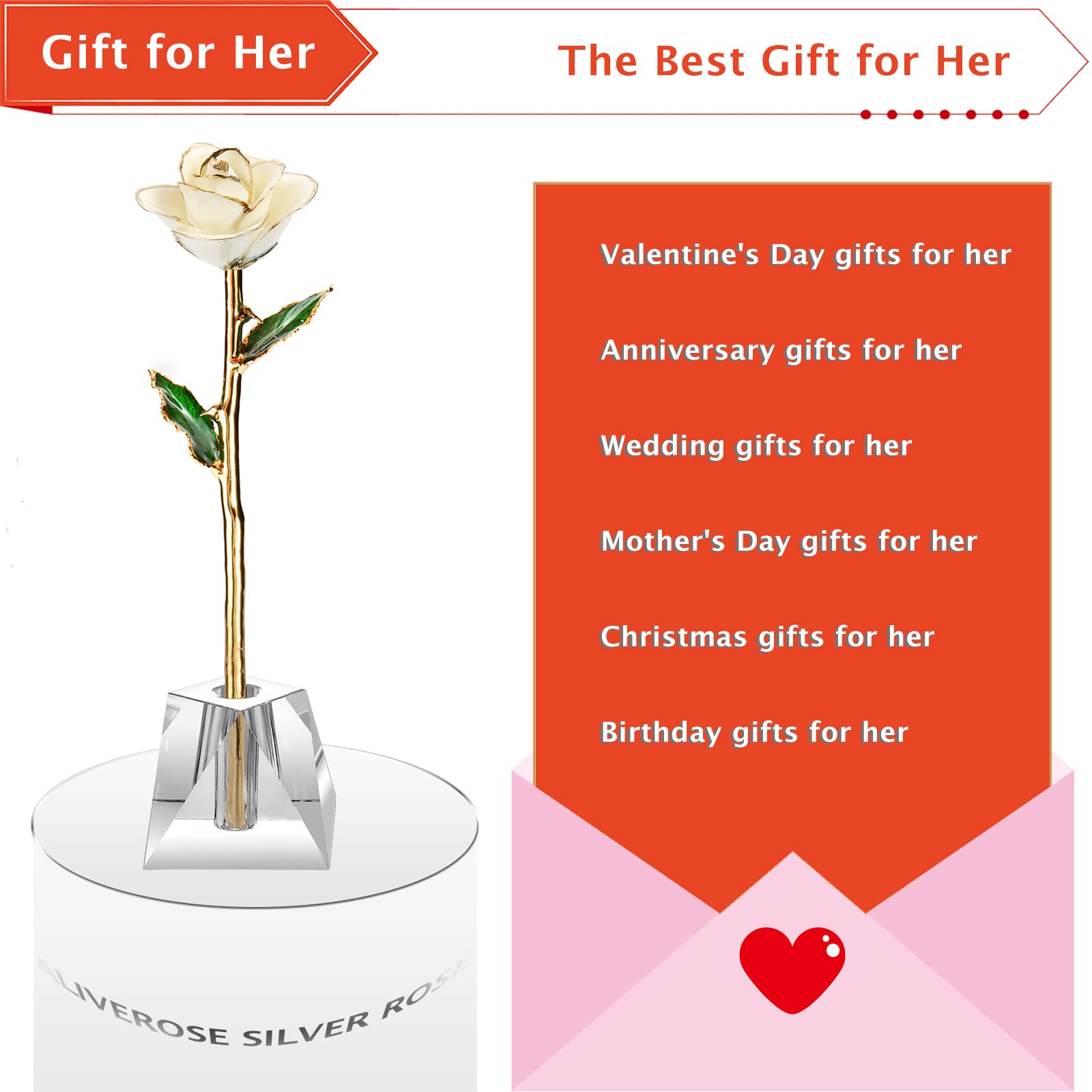 24k Gold Real Rose Gift for Her - Long Stem Gold White Rose with Crystal Vase, Anniversary Valentine's Mother's Day Birthday Present - Perfect for Romantic Proposals, Wedding Decor & Luxury Home Display