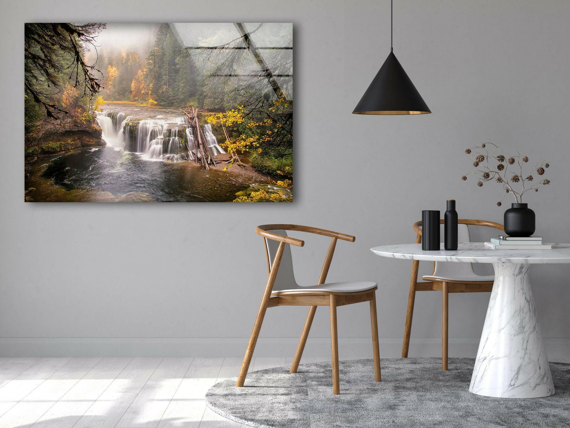 Autumn Waterfall Serenity Nature Wall Art - Stunning Landscape Glass Print for Home & Office Decor - Perfect for Living Room, Bedroom or Meditation Space