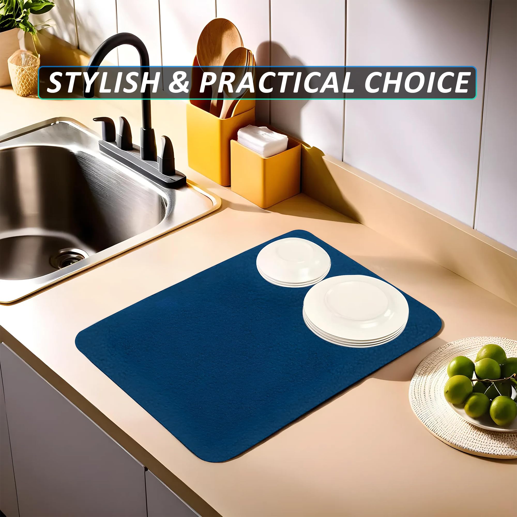 Kuber Industries Microfiber Dish Drying Mat - 38x50 Inch Reversible Absorbent Kitchen Mat for Dishes, Countertops & Sinks | Quick-Dry Non-Slip Blue Kitchen Accessory | Perfect for Dish Racks, Counter Protection & Spill Absorption