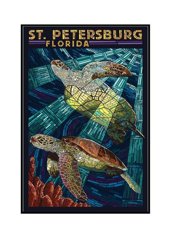 St. Petersburg Florida Sea Turtle Art - 24x36 Framed Paper Mosaic Canvas Wall Decor - Coastal Home Decor, Beach House Wall Art, Ocean Theme Living Room Decor