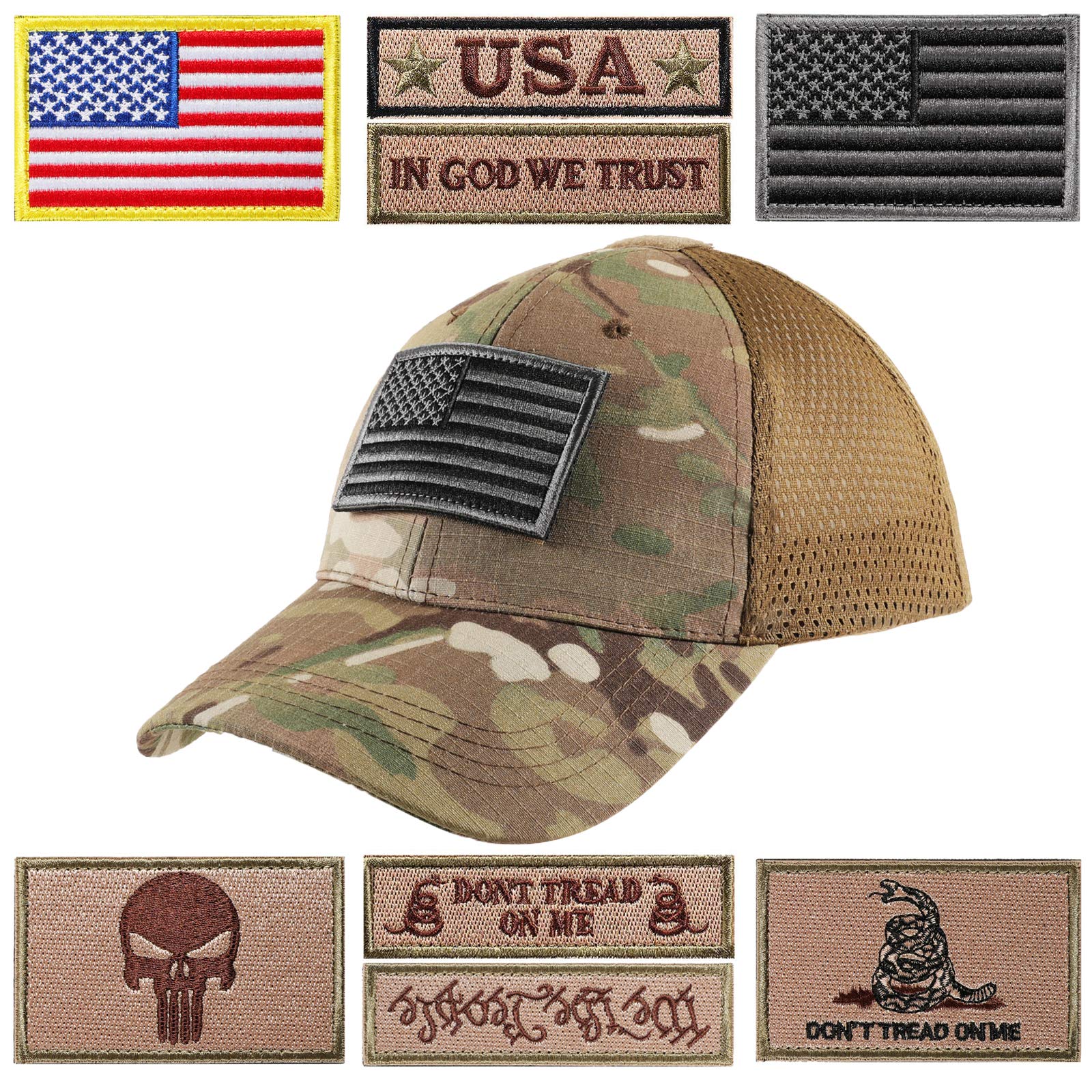 Breathable Mesh Tactical Cap with 8 Military Patches - Operator Flag Baseball Hat for Men | Outdoor Hiking, Airsoft, Military Training & Casual Wear