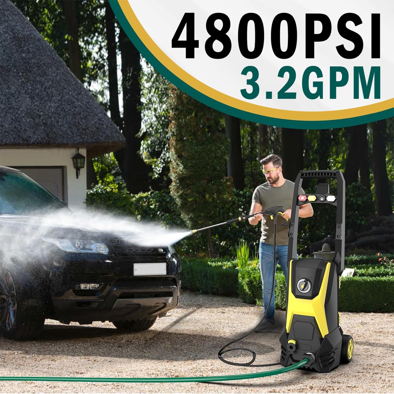 4800PSI 3.2GPM Electric Pressure Washer with Foam Cannon - 20FT Hose & 35FT Cord - 4 Nozzles - Ideal for Car Washing, Driveway Cleaning, Patio & Deck Maintenance - Heavy Duty Power Washer for Home & Outdoor Use