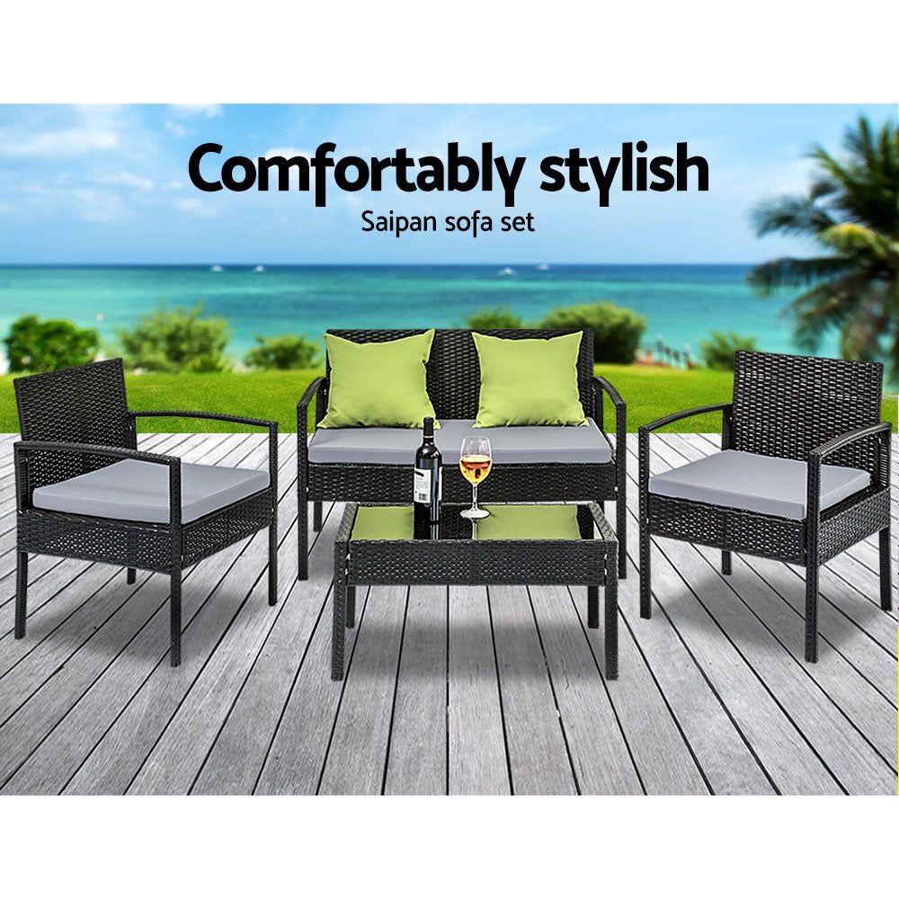 4-Seater Outdoor Wicker Sofa Set with Table and Cushions - Patio Garden Furniture for Lounge, Bistro & Backyard Relaxation - Black Rattan Furniture