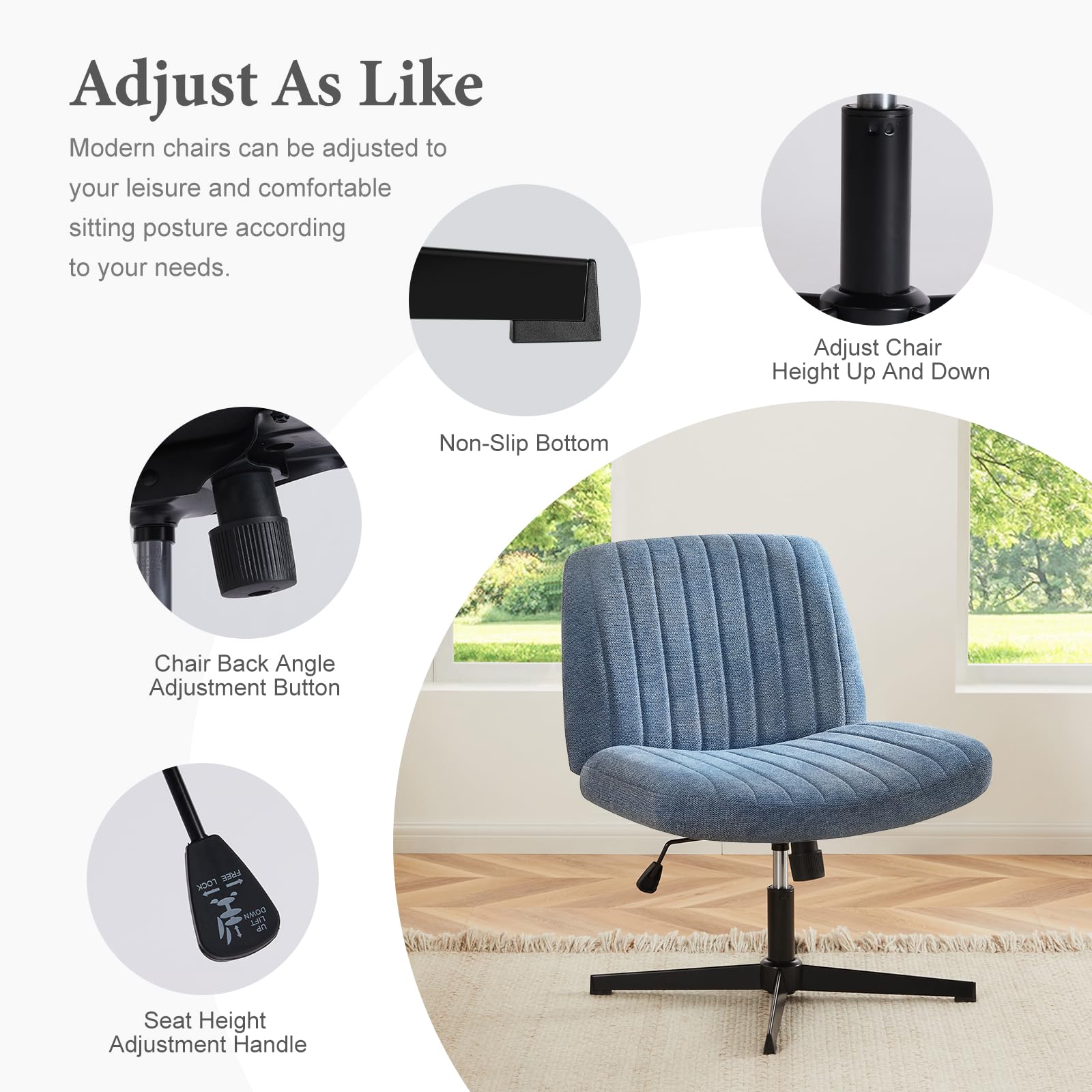 Sweetcrispy Criss Cross Chair - Armless Office Desk Chair Without Wheels, Swivel Vanity Chair with Height Adjustable Wide Seat, Modern Fabric Computer Task Chair in Blue - Perfect for Home Office, Study Room, and Makeup Vanity Areas