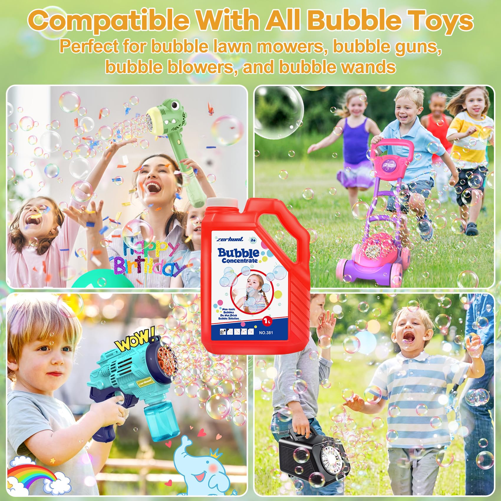 Zerhunt Concentrated Bubble Solution 33.8 OZ (1L) - Non-Toxic Bubble Refill for Bubble Toys, Bubble Machines & Bubble Guns - Safe for Kids - Red | Perfect for Outdoor Play, Birthday Parties & Backyard Fun