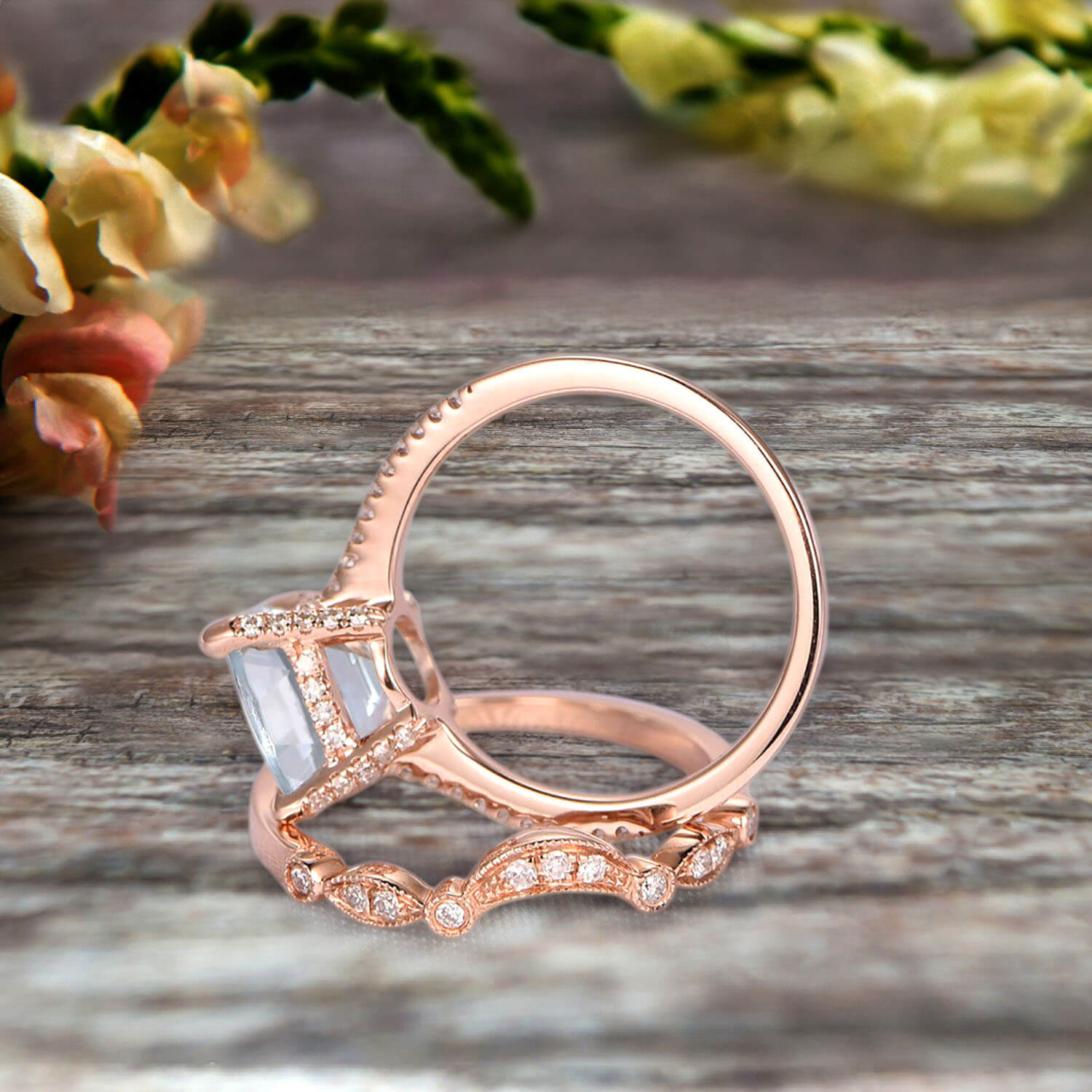 1.75 Carat 2Pcs Aquamarine Wedding Ring Set - Cushion Cut Aquamarine Engagement Ring with 10k Rose Gold Curved Art Deco Matching Band - Personalized Bridal Jewelry for Weddings, Anniversaries & Special Occasions