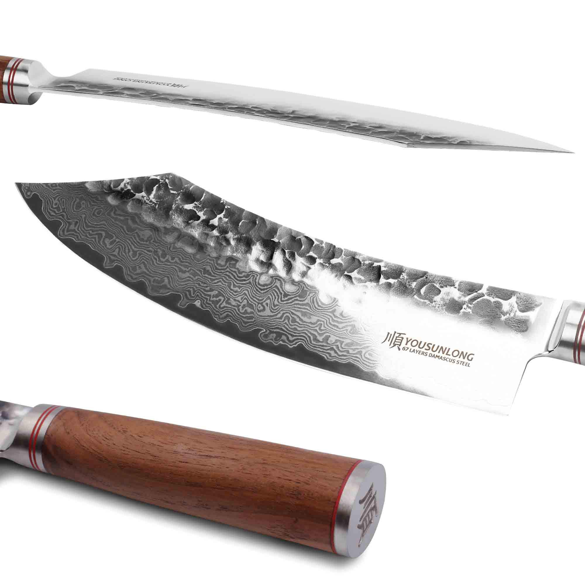 **YOUSUNLONG 10-Inch Butcher Knife - Professional Breaking Knife with Japanese Hammered Damascus Steel Blade, Natural Walnut Wood Handle & Leather Sheath - Ideal for Meat Cutting, Butchering, and Kitchen Prep**