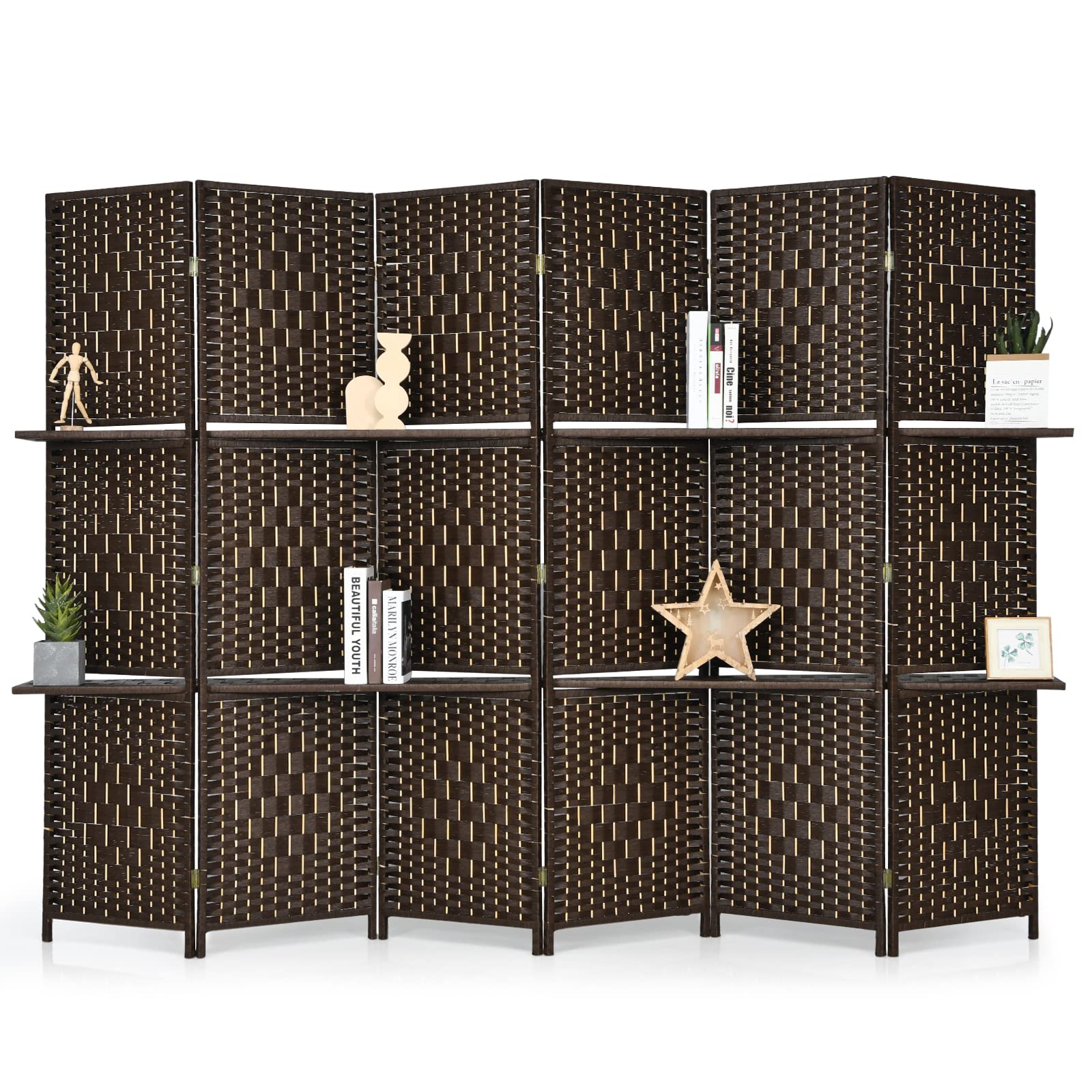 Giantex 6Ft 6-Panel Room Divider with Shelves - Hand-Woven Rattan Freestanding Folding Privacy Screen for Home, Office & Studio - Wooden Partition Wall for Room Separation | Perfect for Creating Private Spaces, Home Decor & Workspace Organization