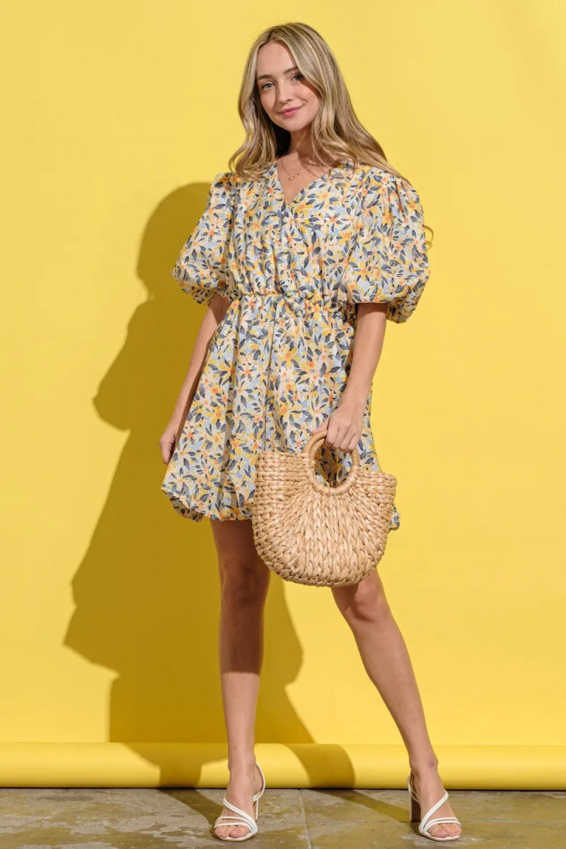 Full Size Floral Surplice Puff Sleeve Dress for Women - Elegant Summer Party & Wedding Guest Outfit