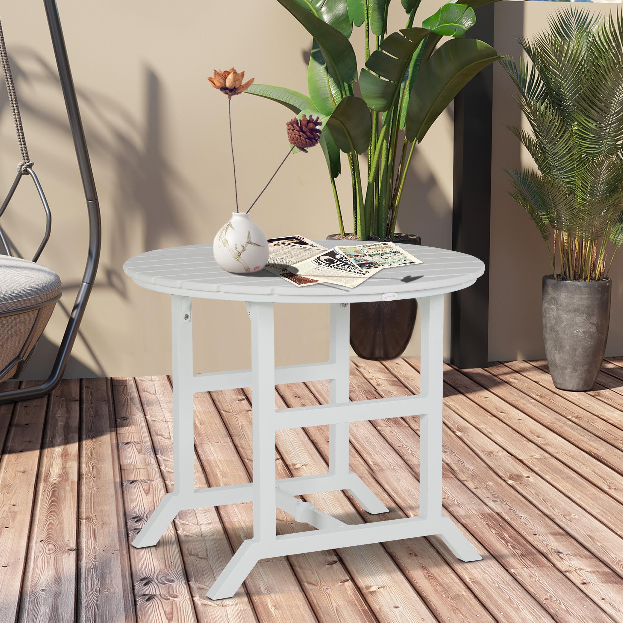 Outsunny 48 Inch Round Outdoor Patio Table with Umbrella Hole - White Aluminum Frame & Weather-Resistant HDPE Tabletop - Garden, Lawn, Balcony Dining Set for 4 People - Perfect for Backyard BBQs, Poolside Gatherings & Outdoor Entertaining