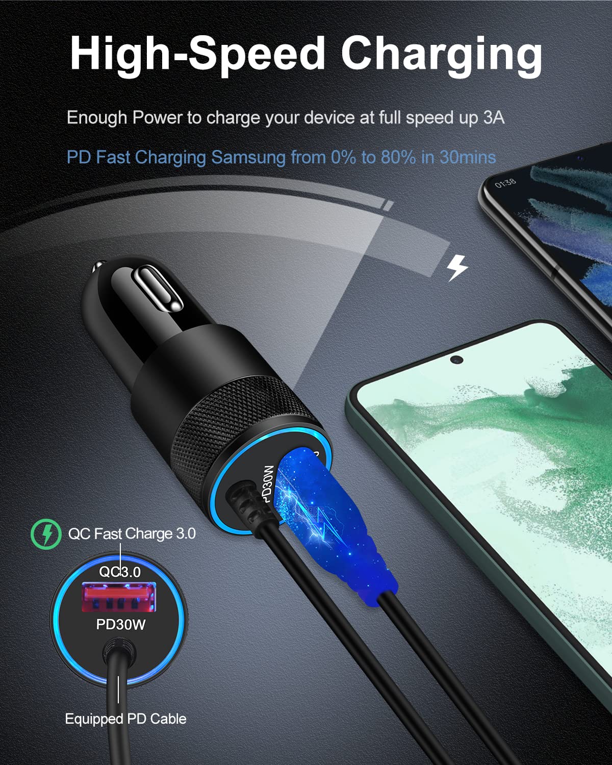 AILKIN Fast USB C Car Charger for Samsung Galaxy S24 Ultra/A55/A15/Z Fold/Flip 6 & iPhone 15 Pro/Pro Max/Plus - Dual Port Cigarette Lighter Adapter with Quick Charge - Perfect for Road Trips & Daily Commutes