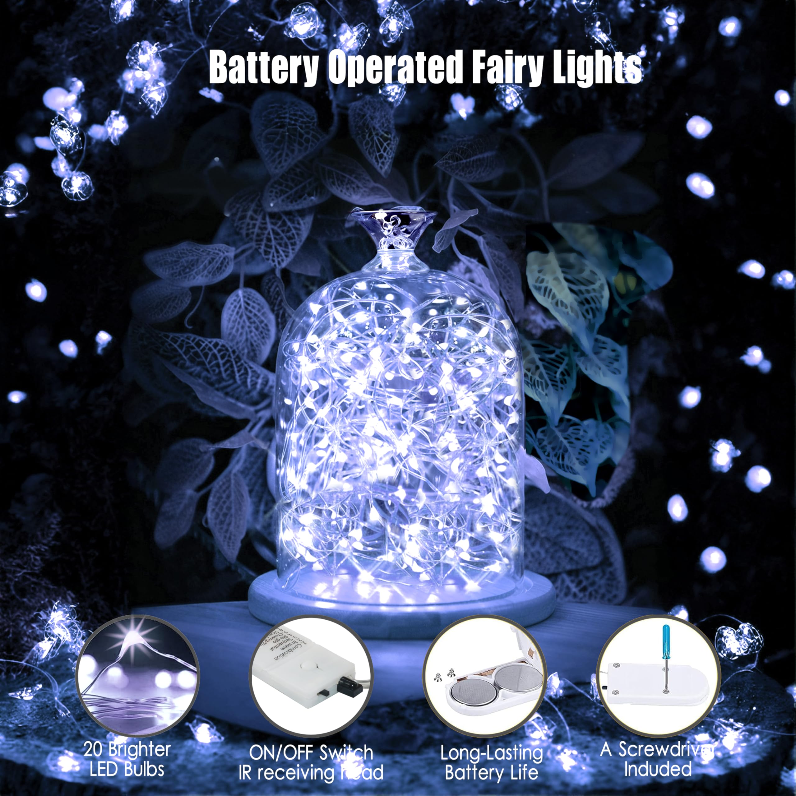 6 Pack Fairy Lights Battery Operated - 20 LED Mini String Lights with Timer & 2 Remote Controls, 6.5ft Waterproof Silver Wire Twinkle Lights for Mason Jars, Wedding, Party, Christmas Decor (Cool White) - Perfect for Home, Garden, Bedroom, and DIY Crafts
