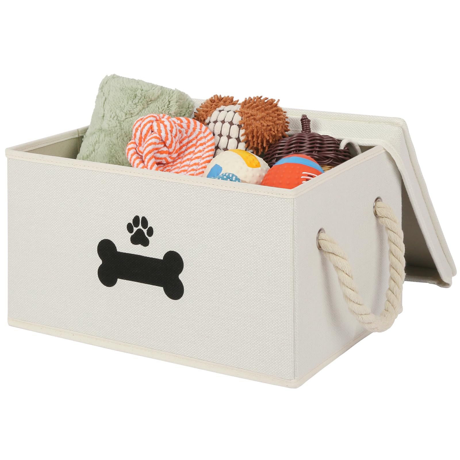 Collapsible Dog Toy Storage Basket with Lid & Cotton Rope Handles - Pet Toy Organizer Box for Living Room, Bedroom or Nursery - Beige Dog Toy Bin for Easy Organization