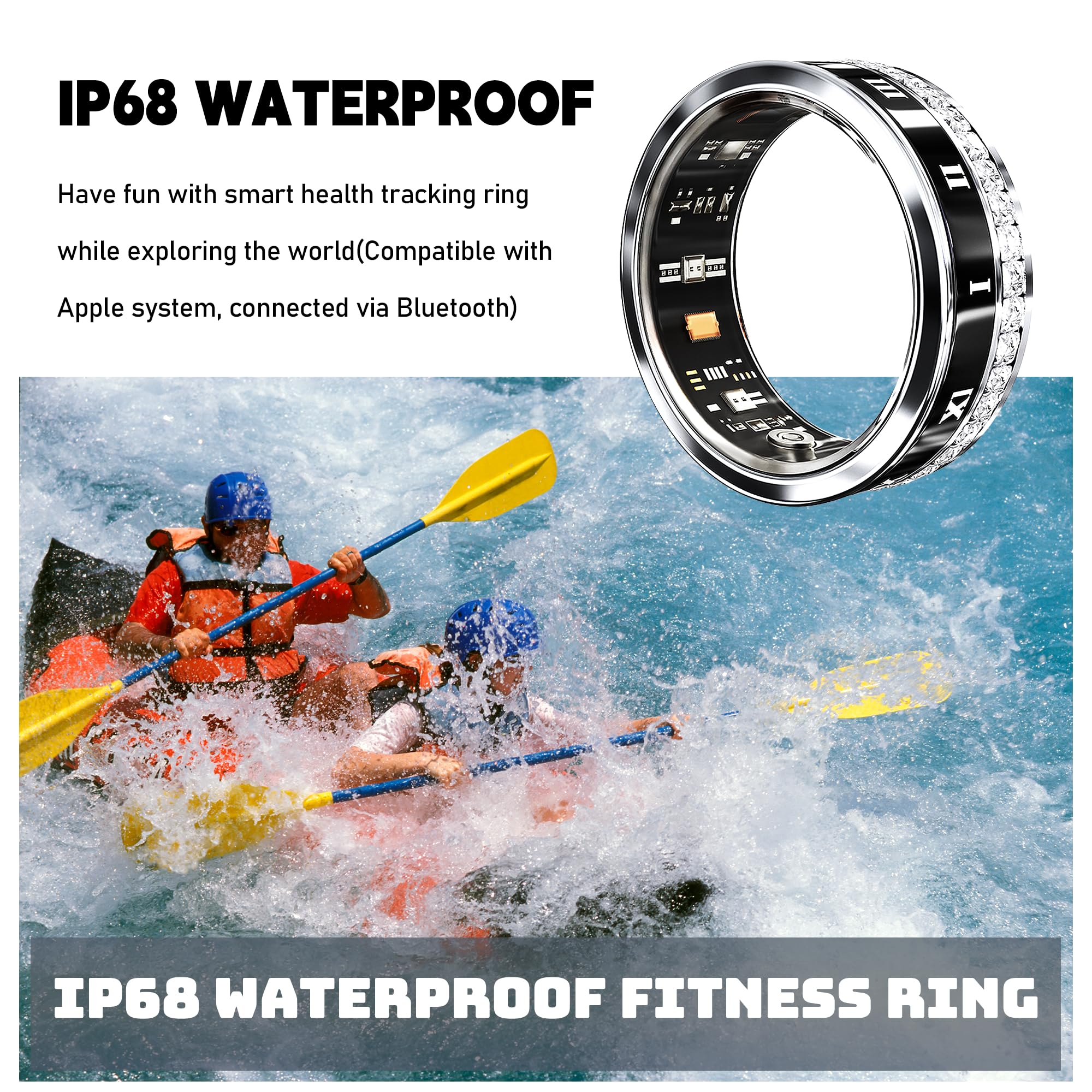 Smart Ring Fitness Tracker with Heart Rate, Blood Oxygen & Sleep Monitor - IP68 Waterproof Health Ring, iOS/Android Compatible, Remote Camera Control, Family Care Features - Elegant Diamond Design for Women & Men (Size 13) - Perfect for Workouts, Sleep Tracking & Daily Health Monitoring