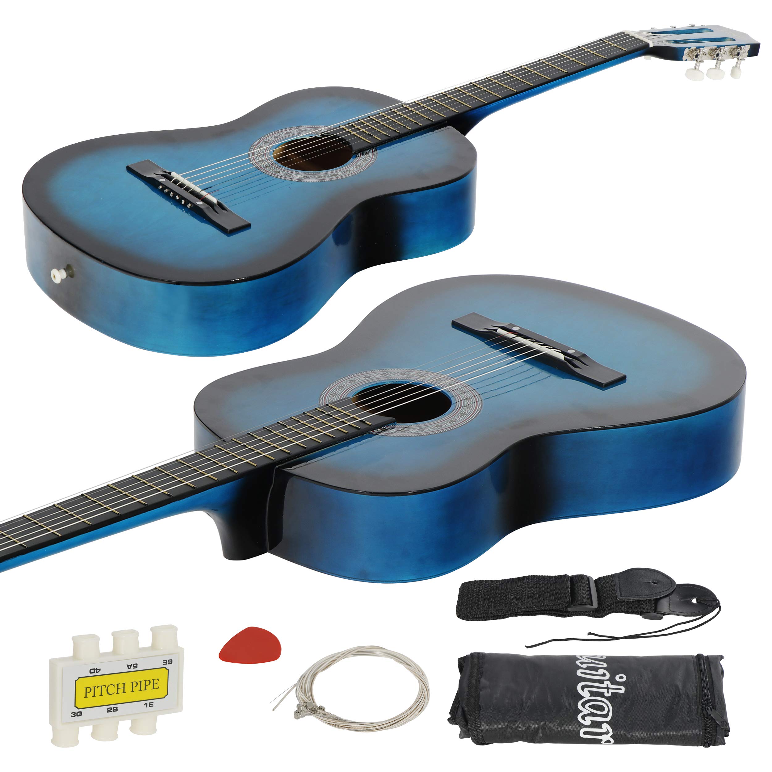 38-inch Kids Beginner Wood Acoustic Guitar Right-Handed with Pitch Pipe, Gig Bag, Extra Nylon Strings & Pick - Perfect for Kids, Girls, Boys & Beginners (Blue) - Ideal for Music Lessons, Home Practice & Gift Giving