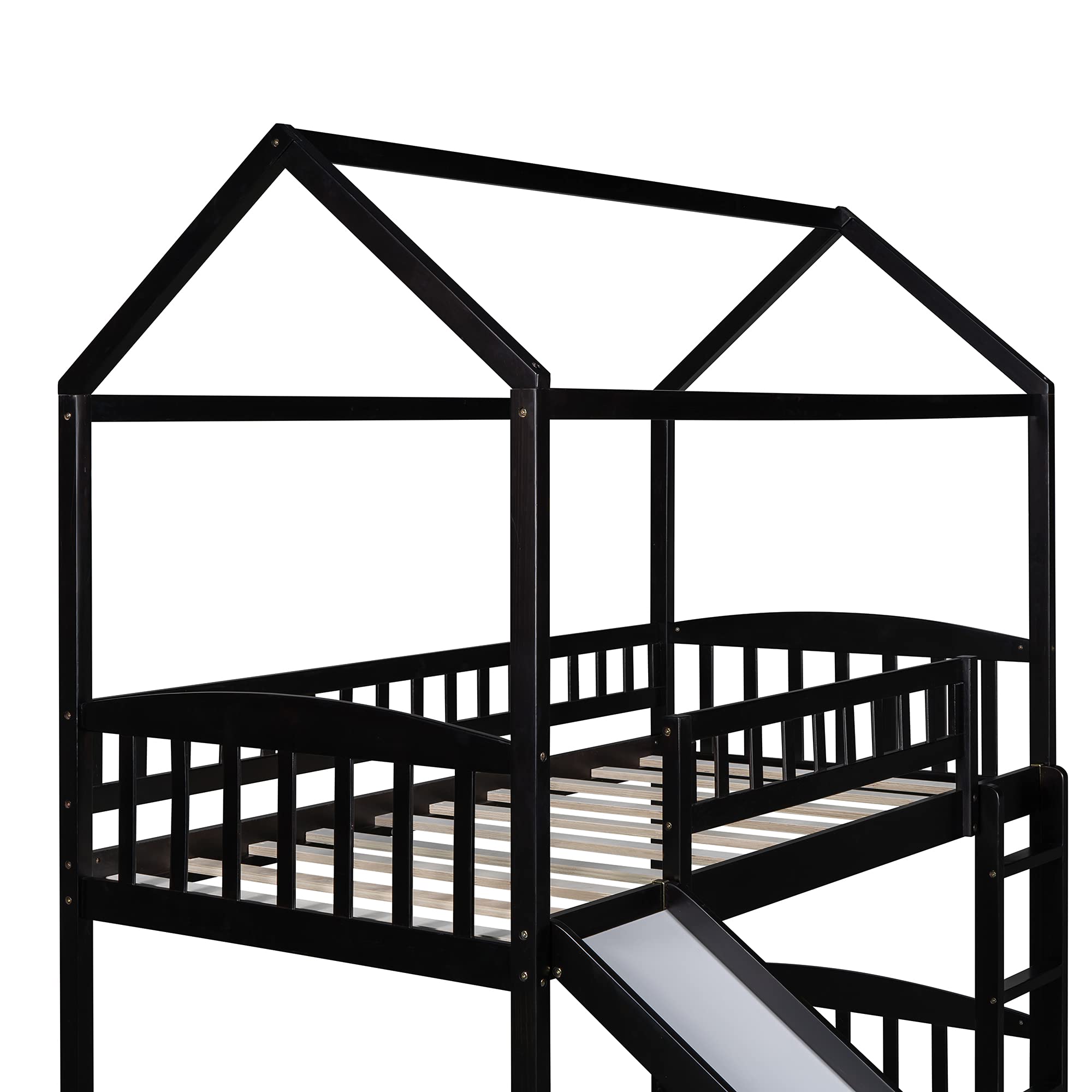 Harper & Bright Designs Twin Loft Bed with Slide & Ladder - Kids House Loft Bed with Roof & Guardrail for Toddlers & Teens - Twin Size Espresso Wood - Perfect for Small Rooms, Playrooms & Sleepovers