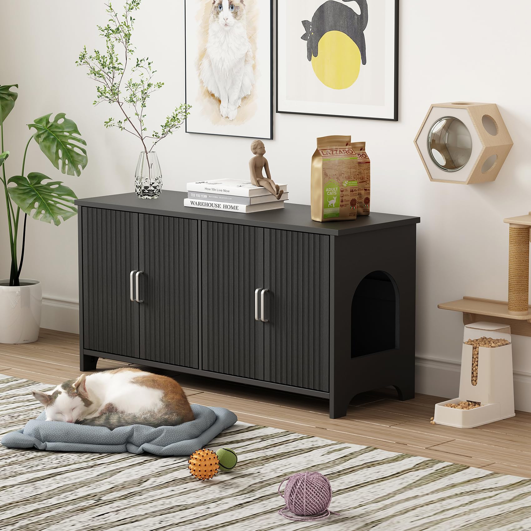 Hidden Cat Litter Box Furniture Enclosure for 2 Cats - Double Room Wooden Cabinet with Fluted Design - Indoor Cat House for Living Room & Bathroom (Black) | Perfect for Small Spaces & Home Decor