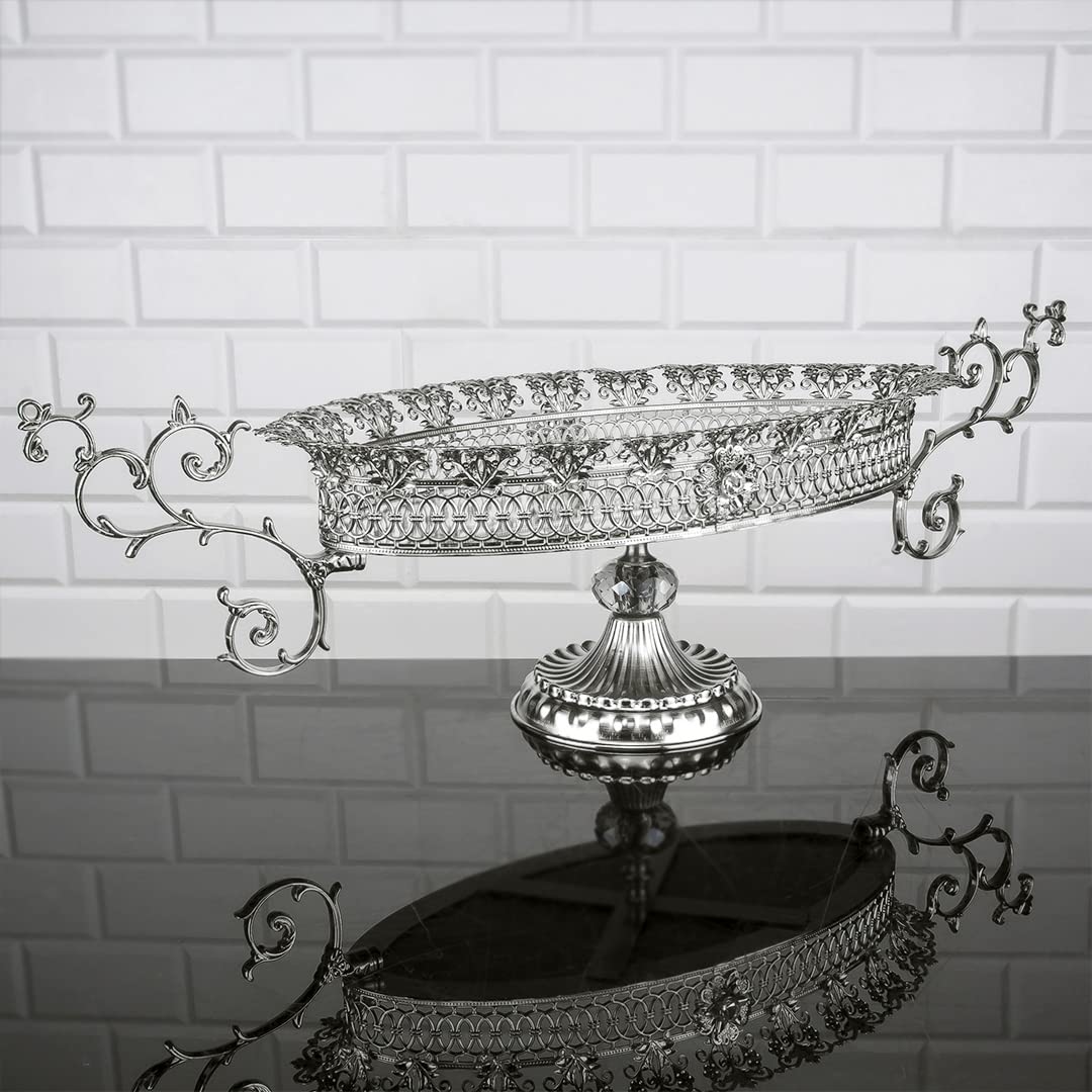 Handmade Silver Metal Centerpiece for Living Room & Dining Table Decor - Large Oval Tabletop Decoration for Console, Coffee Table, and Home Interior Styling