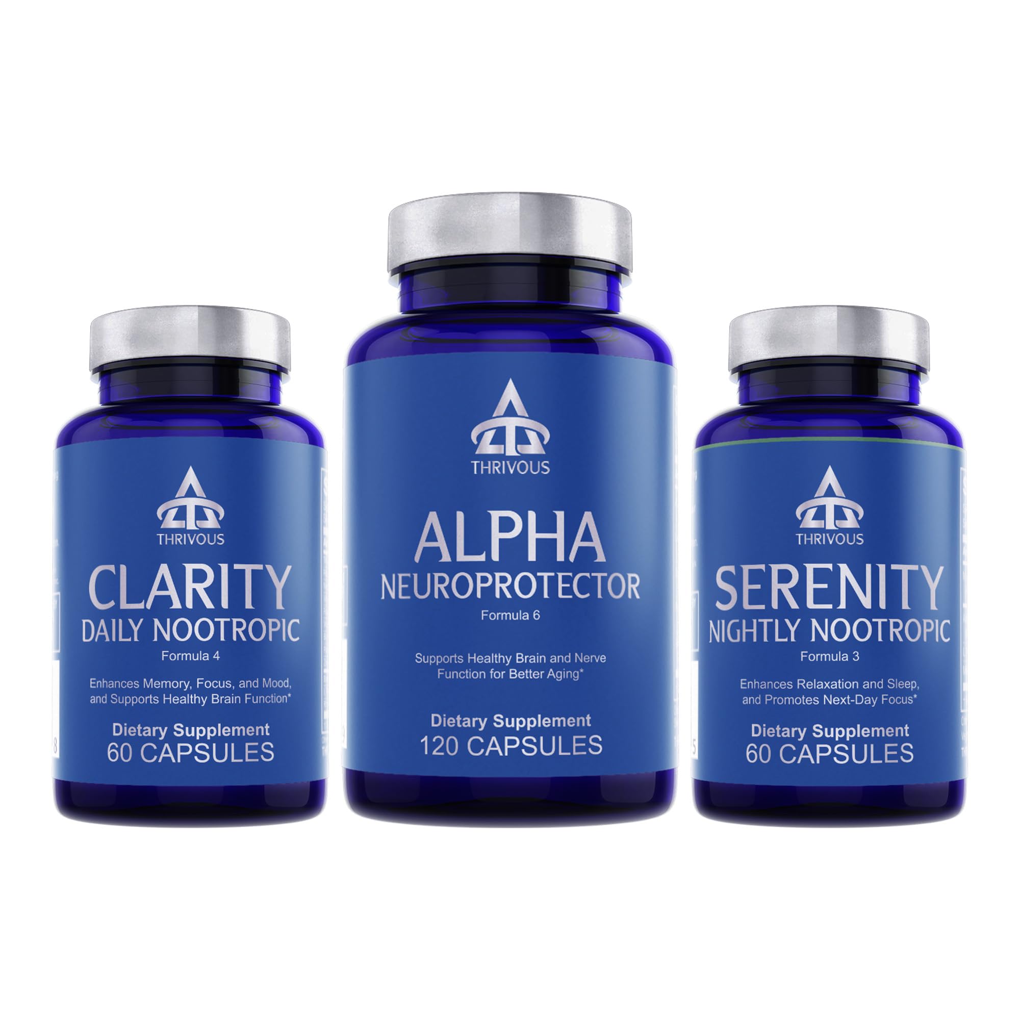 Thrivous Nootropic Stack - Memory & Brain Booster Supplement for Focus, Sleep & Cognitive Support - Advanced Nootropic Formula with Clarity, Alpha & Serenity - 240 Capsules (3 Bottles) - Ideal for Students, Professionals & Seniors to Enhance Mental Performance & Healthy Aging