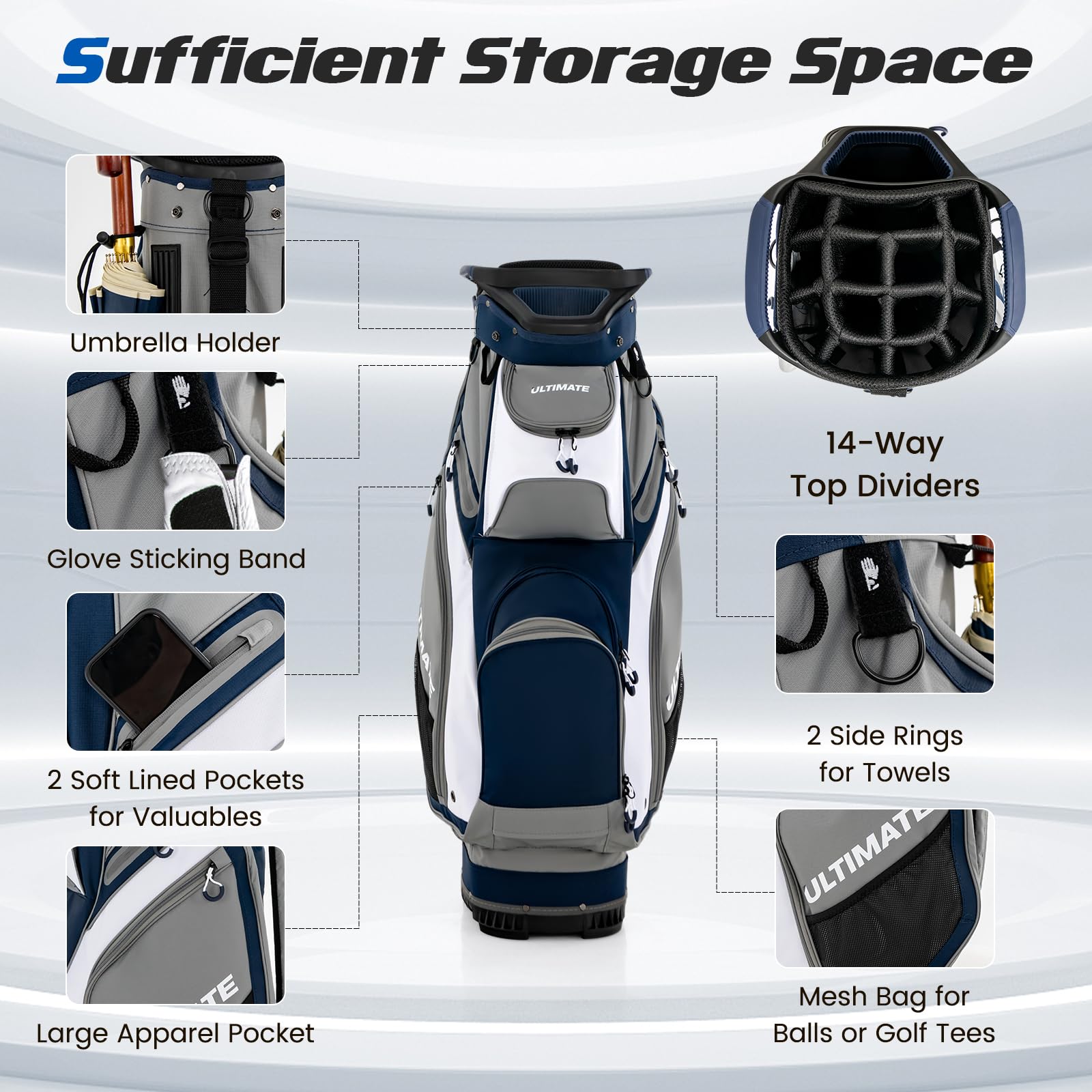 ULTIMATE 14-Way Golf Cart Bag with Multiple Pockets & Umbrella Holder - Lightweight Portable Golf Club Carry Bag with Soft Shoulder Strap & Rain Hood - Perfect for Men & Women Golfers on Course or Driving Range