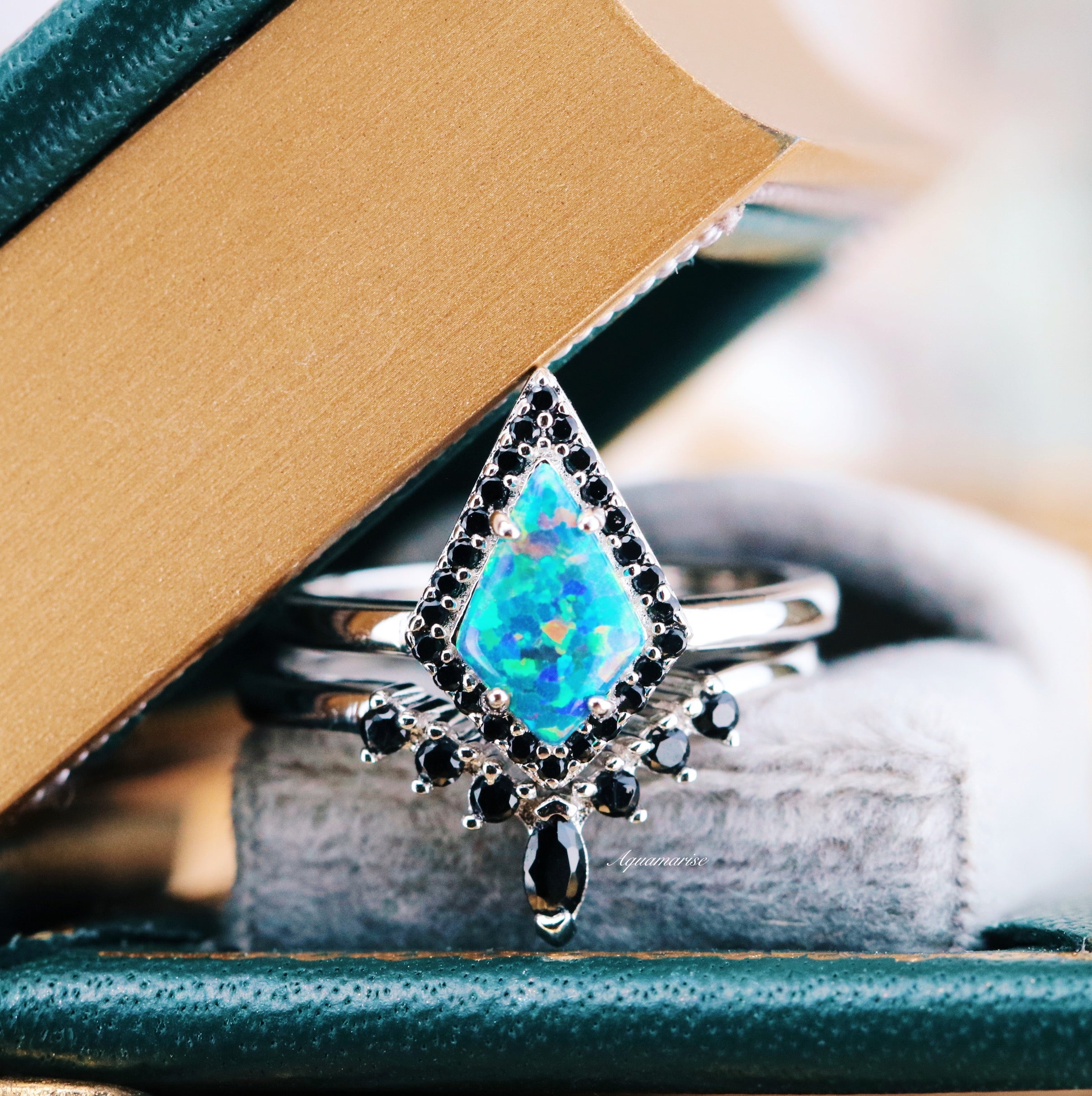 Blue & Green Fire Opal Black Onyx Kite Ring Set - 925 Sterling Silver Jewelry for Women, Gift for Her, Birthday, Anniversary, Wedding, Party, Everyday Wear