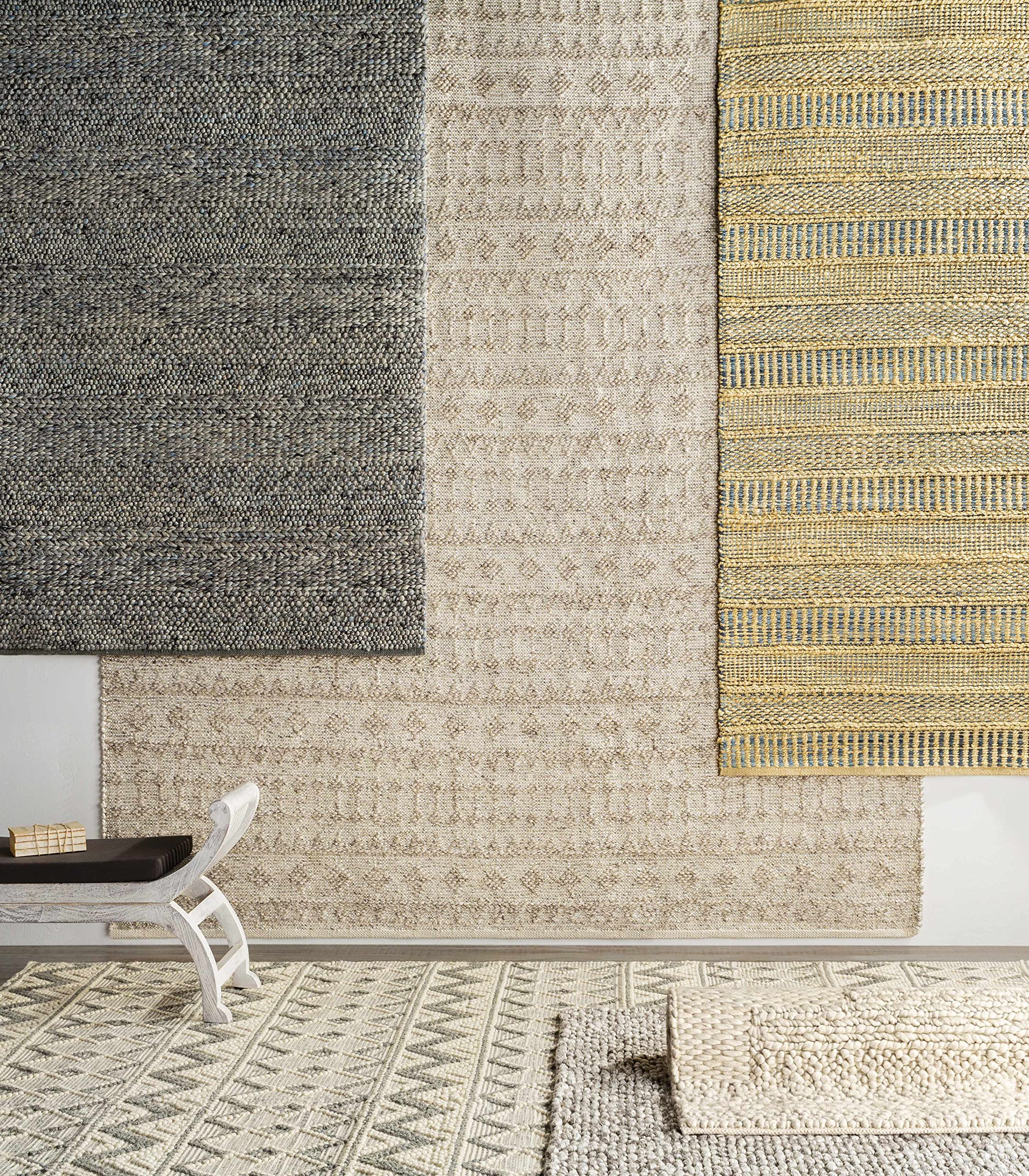 Hauteloom Antigo Boho Handwoven Wool High Low Textured Area Rug - Farmhouse Moroccan Trellis Carpet for Living Room Bedroom - Handmade Zig Zag Bubble Weave - Beige Gray Cream - 5' x 7'6