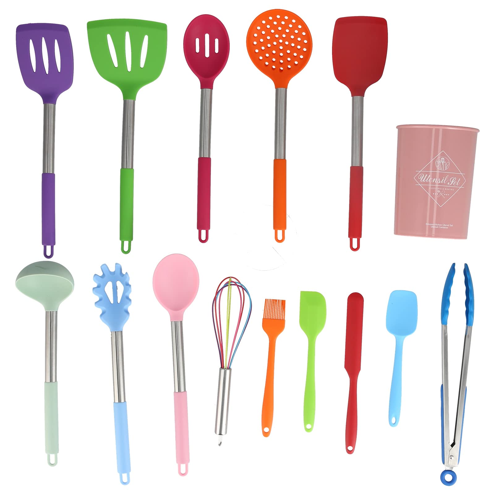 Silicone Kitchen Utensils Set - Non-Stick, Heat Resistant Cooking Tools with Stainless Steel Handles - Perfect for Home, Restaurant, and Professional Kitchens (Pink Bucket + Colorful Kitchenware) - Ideal for Baking, Frying, and Everyday Cooking