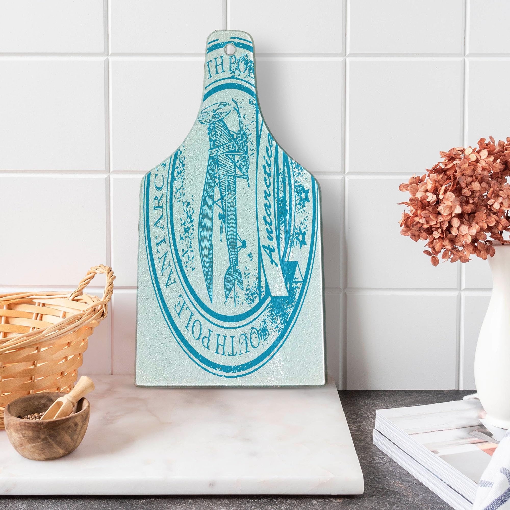 Ambesonne Vintage Airplane Tempered Glass Cutting Board - Retro Blue Stamp Design with Antarctica Words, Wine Bottle Shape in Sky Blue & White - Perfect for Kitchen Prep, Charcuterie Serving & Home Decor