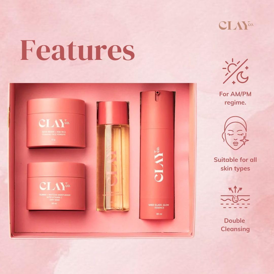 CLAYCO Kyoto AM/PM Skincare Set for Normal Skin - Japanese Beauty Routine with Sake Essence, Tsubaki Cleansing Oil, Azuki Bean Face Wash & Matcha Moisturizer | Daily Hydration & Radiance Boost for Glowing Skin