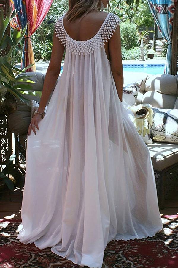 Elegant Solid Color Tassel Round Neck Loose Maxi Dress for Women | Summer Beach Wedding Party Wear | Flowy Boho Chic Stitching Dress