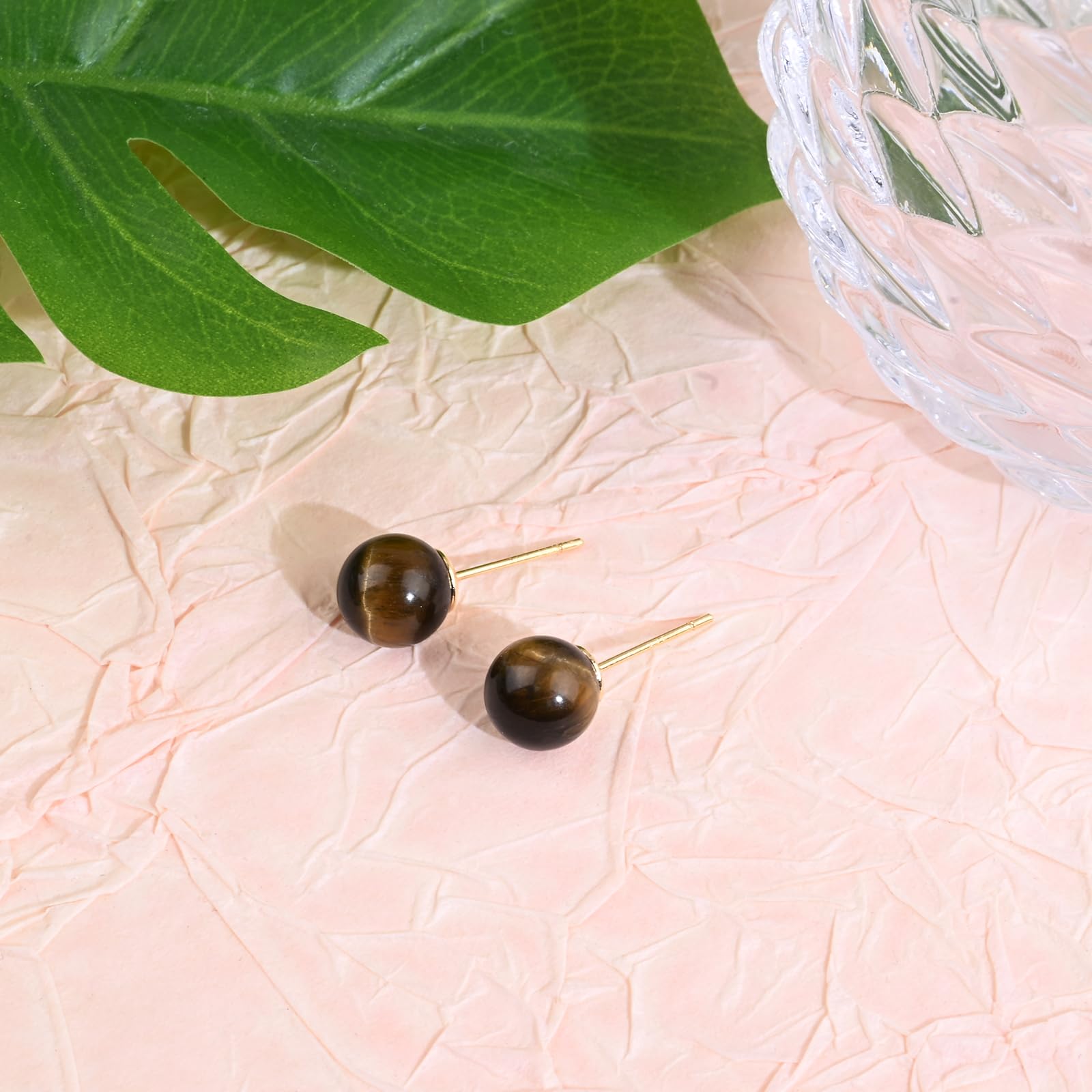 8mm Round Tiger Eye Stone Stud Earrings - Gold Plated Brown Gemstone Jewelry for Women | Perfect Gift for Birthday, Anniversary & Everyday Wear