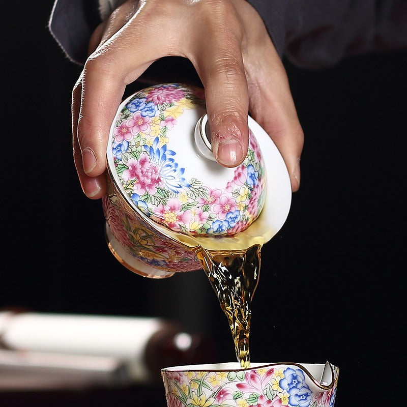 Premium Enamel Porcelain Flower Gaiwan Tea Set - Traditional Chinese Tea Cup with Lid & Saucer - Perfect for Gongfu Tea Ceremony, Home Decor, and Gift Giving