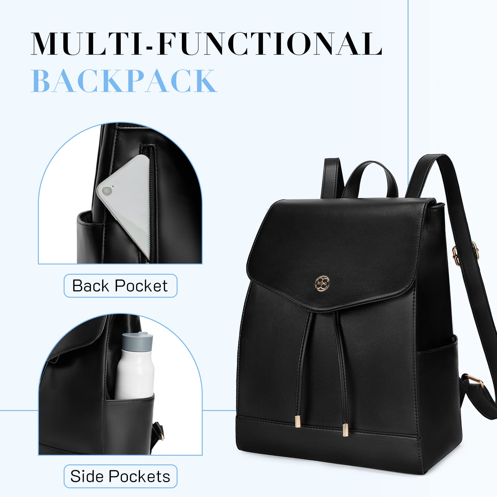Missnine Small Backpack Purse for Women - Fashion PU Leather Backpack Purse, Ladies Travel Bag & Casual Daypack (Black) - Perfect for Work, School, Travel & Everyday Use