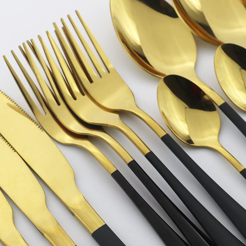 16-Piece Stainless Steel Flatware Set - Black & Silver Silverware for Dining - Includes Forks, Spoons, Knives - Elegant Dinnerware for Restaurants, Home Kitchen & Dinner Parties